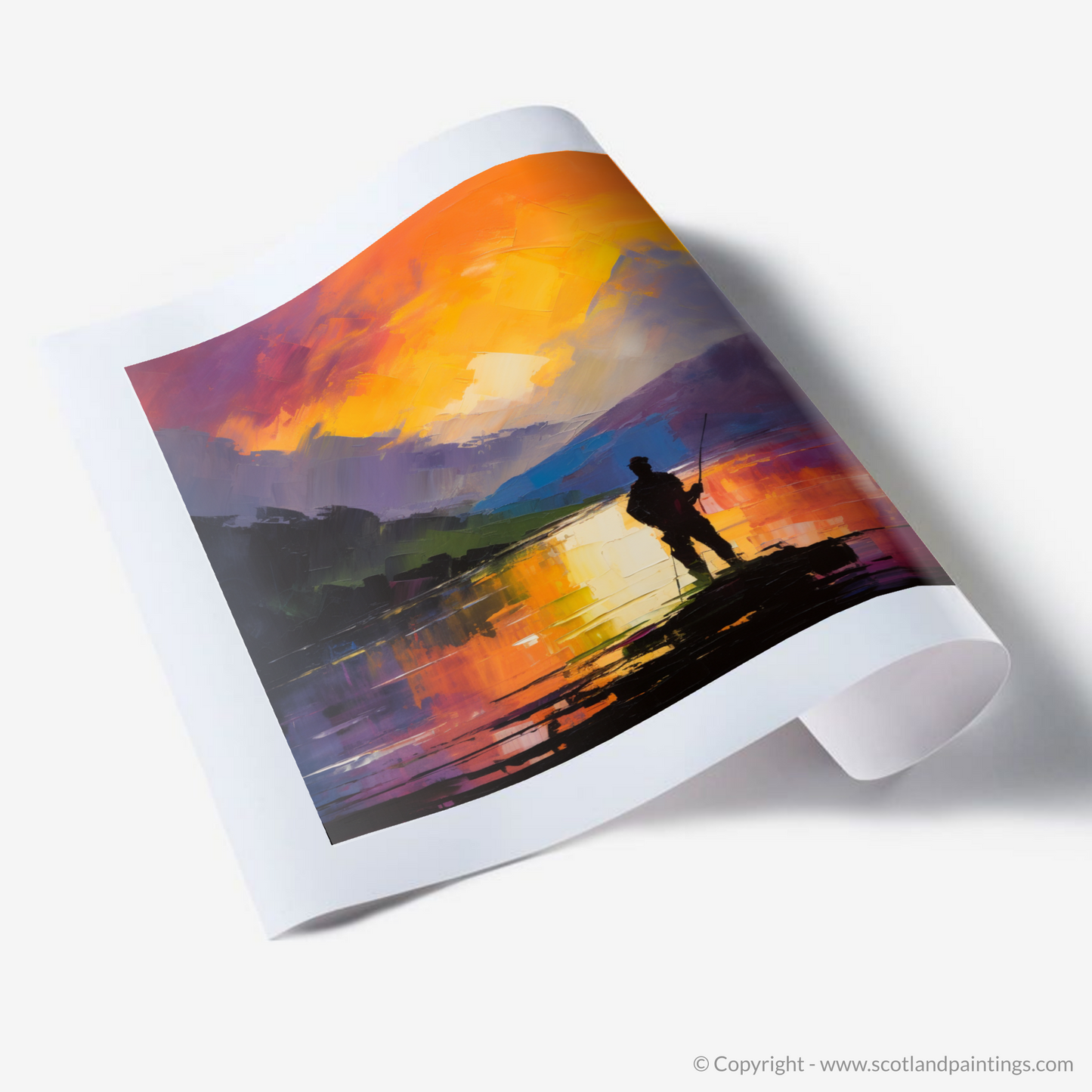 Painting and Art Print of Silhouetted fisherman on Loch Lomond. Silhouetted Fisherman at Twilight: An Abstract Expressionist Tribute to Loch Lomond.