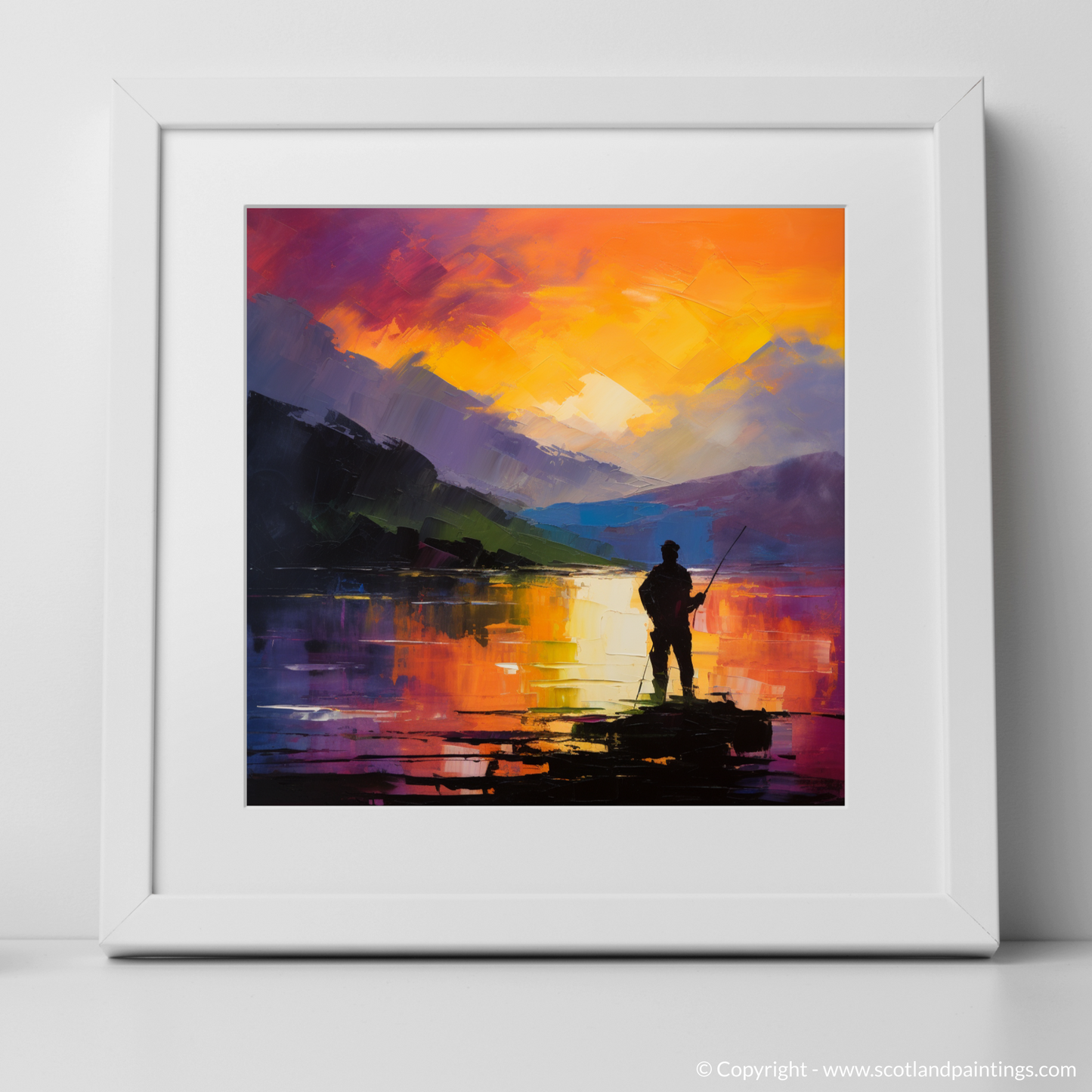 Painting and Art Print of Silhouetted fisherman on Loch Lomond. Silhouetted Fisherman at Twilight: An Abstract Expressionist Tribute to Loch Lomond.