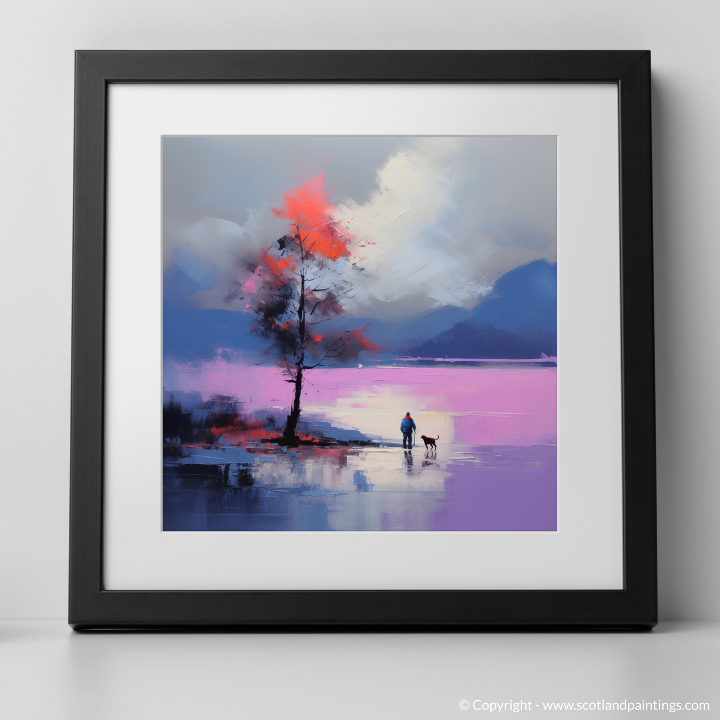 Art Print of A man walking dog at the side of Loch Lomond with a black frame