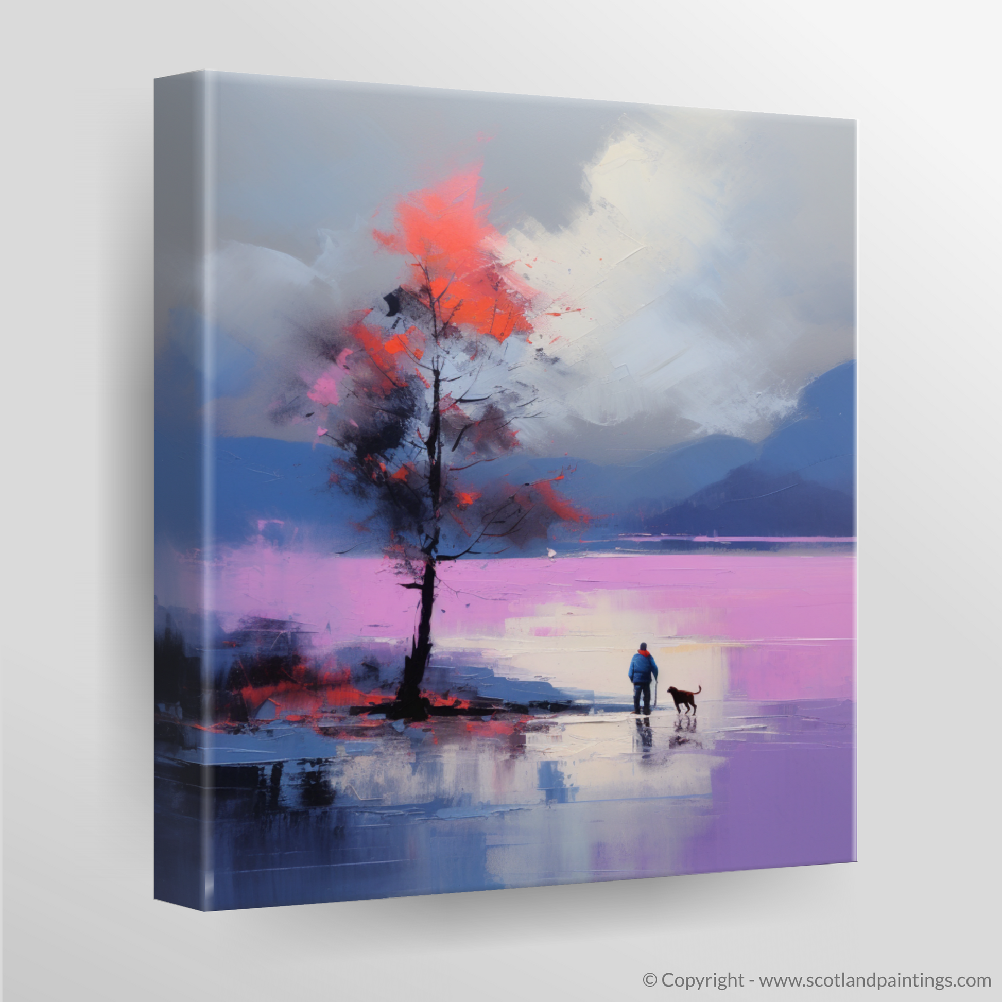 Canvas Print of A man walking dog at the side of Loch Lomond