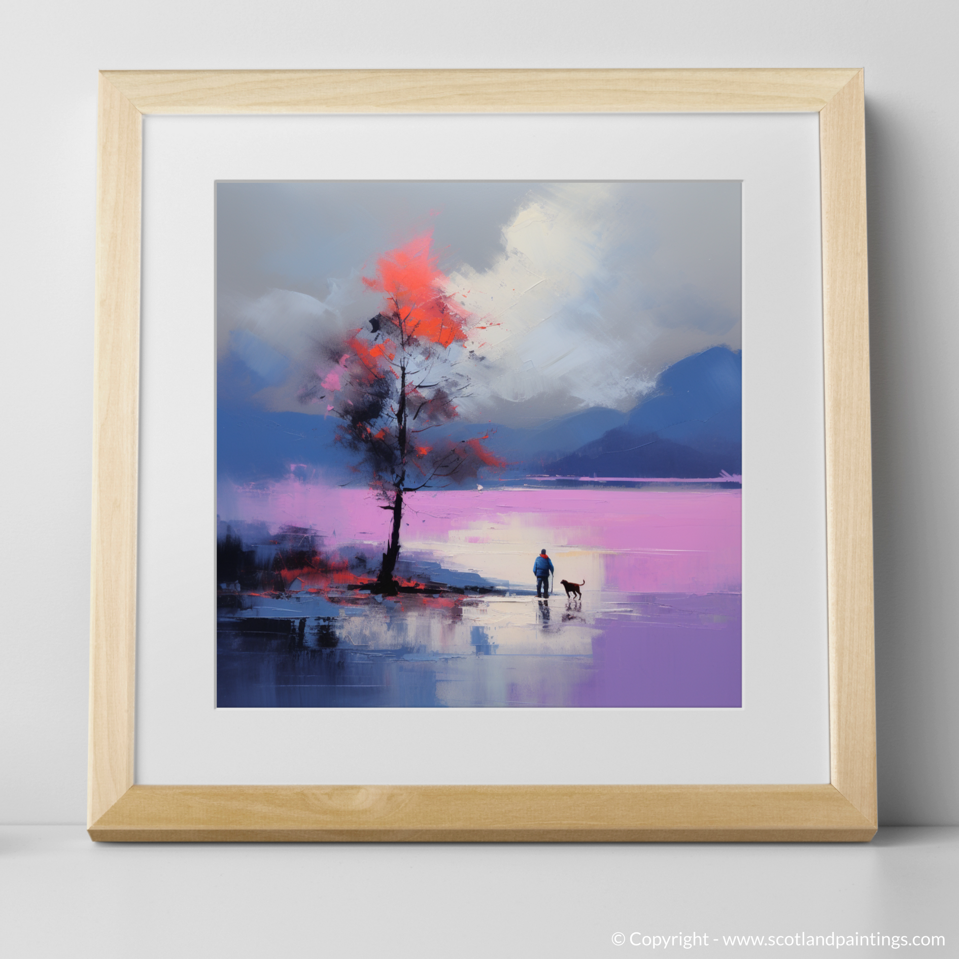 Art Print of A man walking dog at the side of Loch Lomond with a natural frame