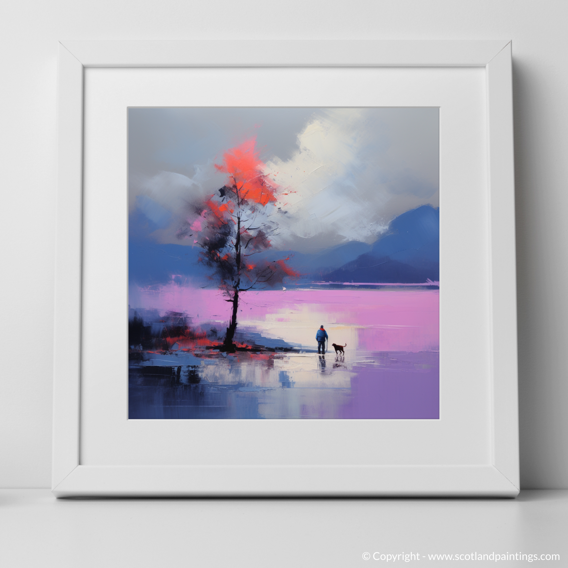 Art Print of A man walking dog at the side of Loch Lomond with a white frame