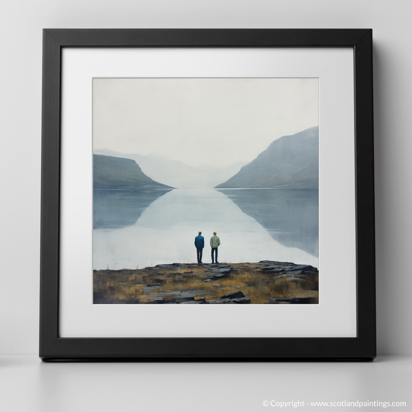 Painting and Art Print of Two hikers looking out on Loch Lomond. Minimalist Majesty: Hikers at Loch Lomond.