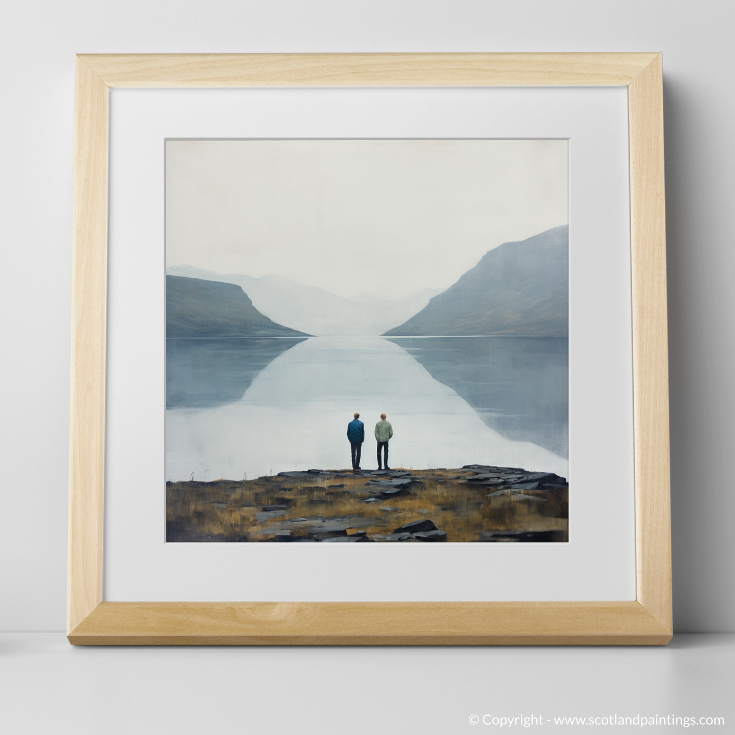 Painting and Art Print of Two hikers looking out on Loch Lomond. Minimalist Majesty: Hikers at Loch Lomond.