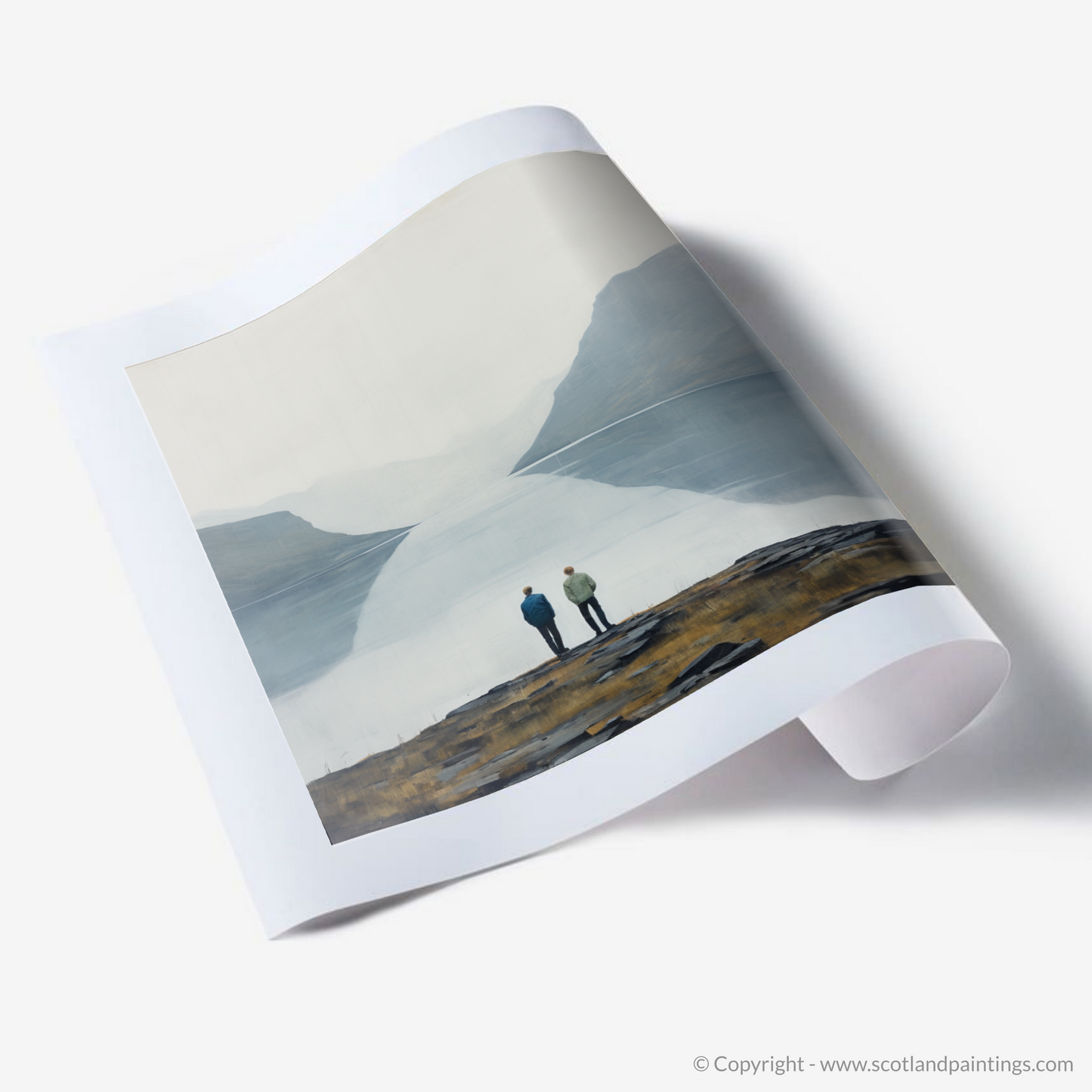 Painting and Art Print of Two hikers looking out on Loch Lomond. Minimalist Majesty: Hikers at Loch Lomond.