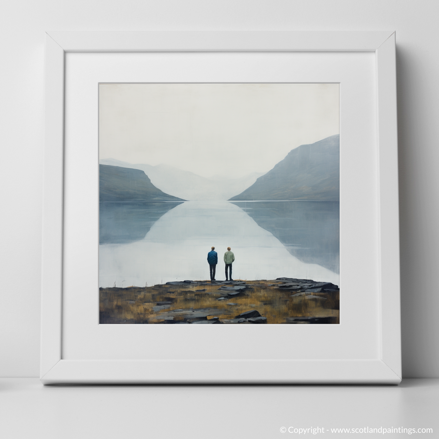 Painting and Art Print of Two hikers looking out on Loch Lomond. Minimalist Majesty: Hikers at Loch Lomond.