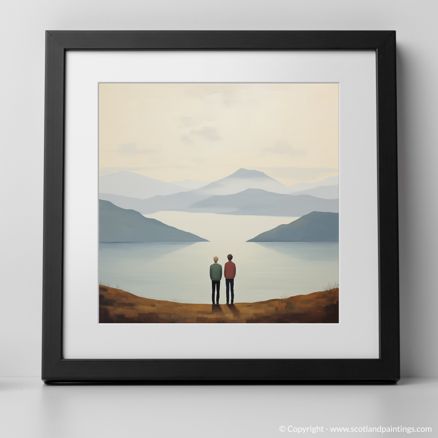 Painting and Art Print of Two hikers looking out on Loch Lomond. Hikers' Repose at Loch Lomond: A Minimalist Homage.