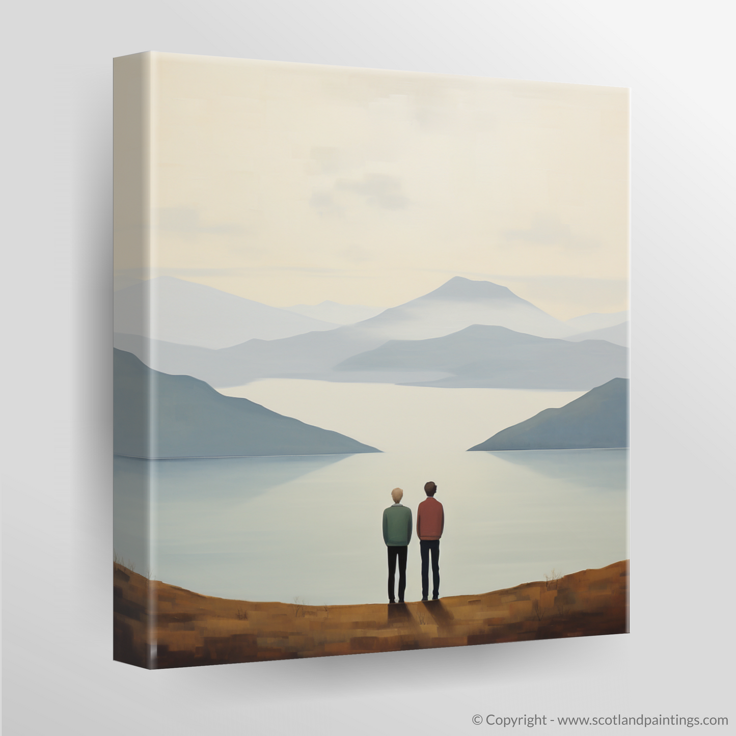 Painting and Art Print of Two hikers looking out on Loch Lomond. Hikers' Repose at Loch Lomond: A Minimalist Homage.