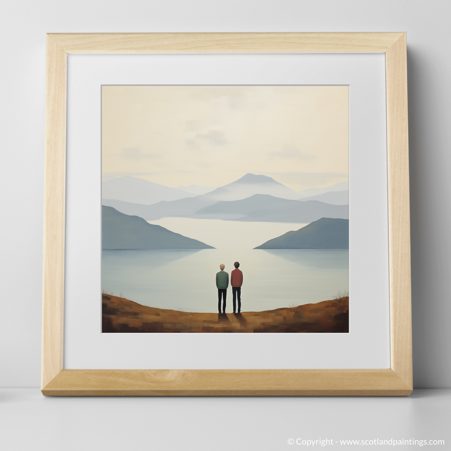 Painting and Art Print of Two hikers looking out on Loch Lomond. Hikers' Repose at Loch Lomond: A Minimalist Homage.