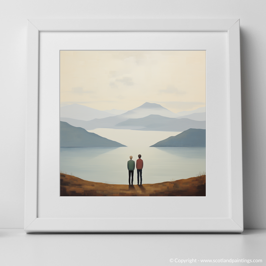 Painting and Art Print of Two hikers looking out on Loch Lomond. Hikers' Repose at Loch Lomond: A Minimalist Homage.