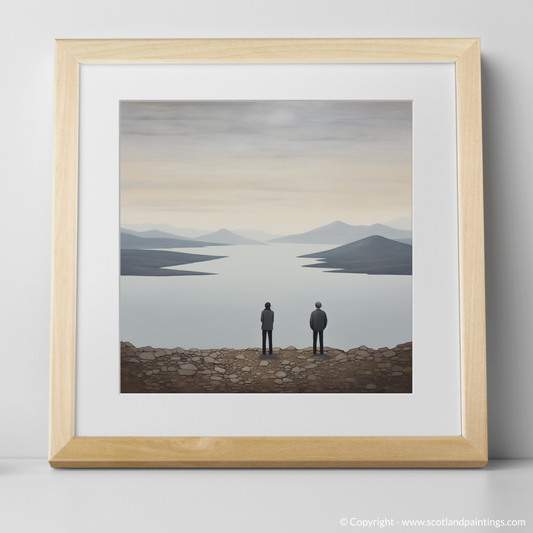 Art Print of Two hikers looking out on Loch Lomond with a natural frame