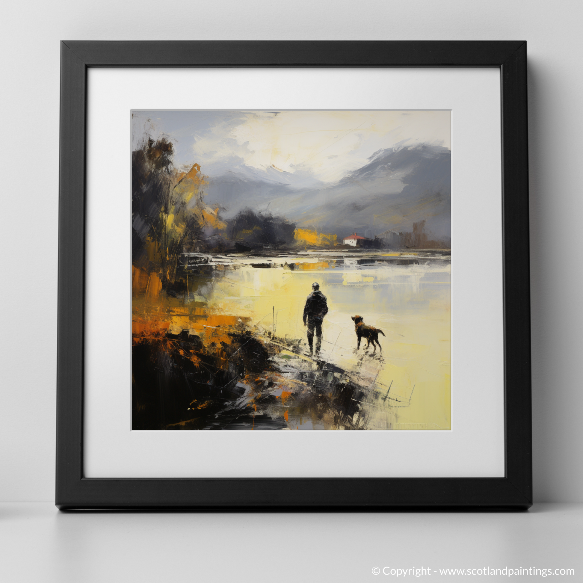 Art Print of A man walking dog at the side of Loch Lomond with a black frame