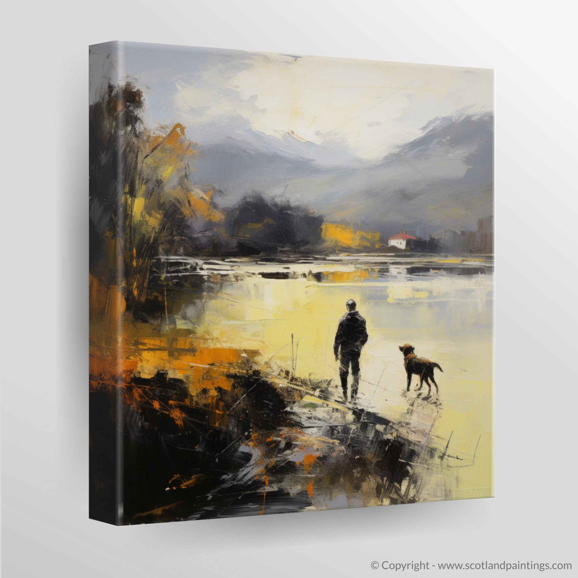 Canvas Print of A man walking dog at the side of Loch Lomond