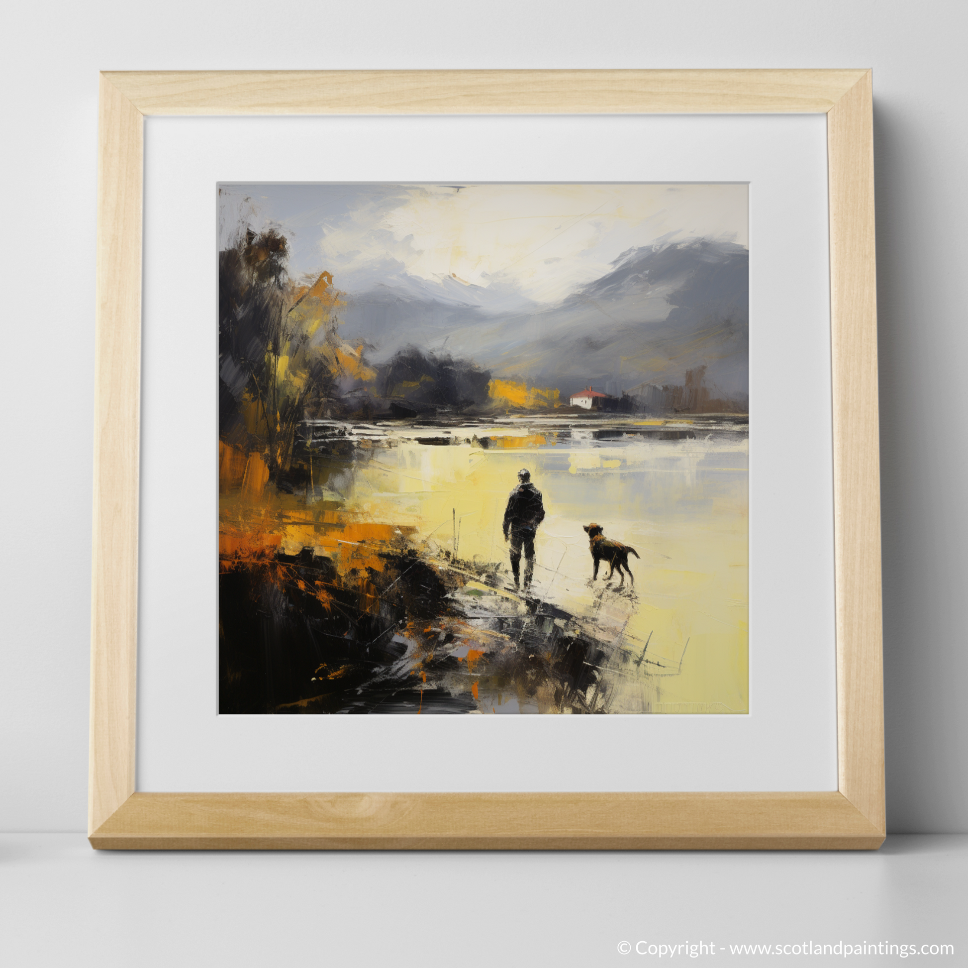 Art Print of A man walking dog at the side of Loch Lomond with a natural frame