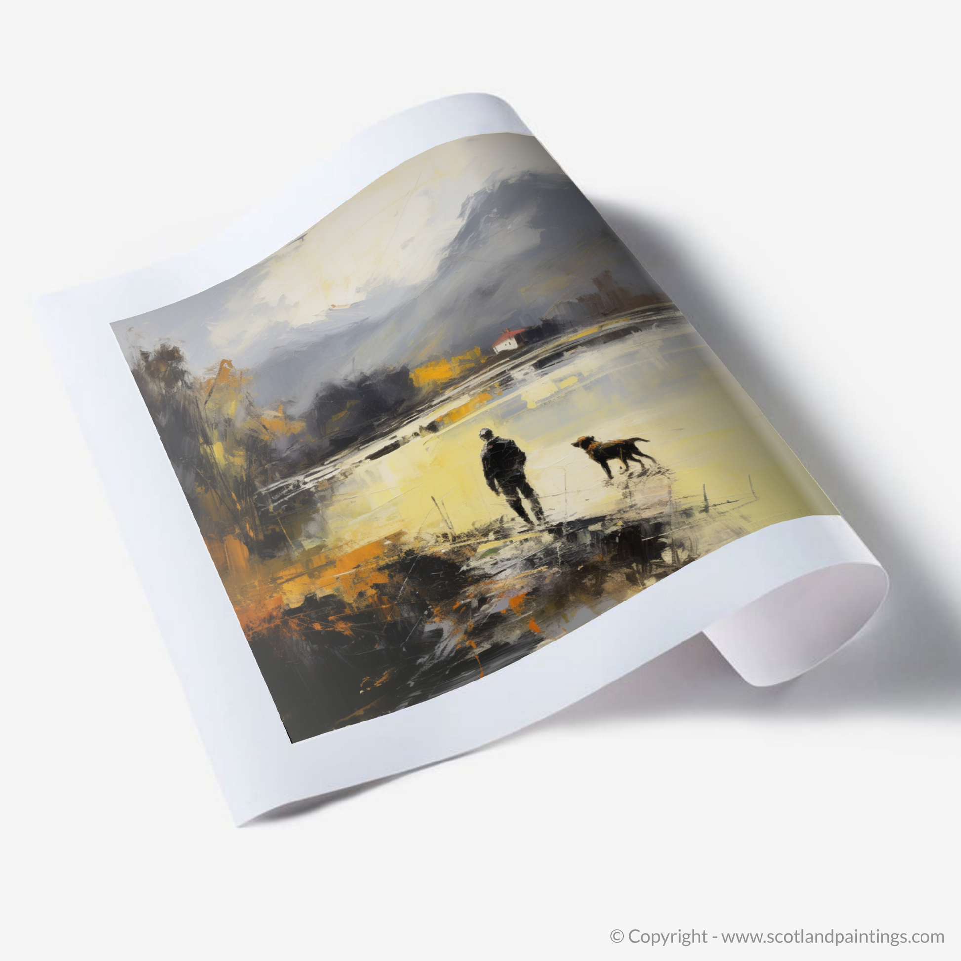 Art Print of A man walking dog at the side of Loch Lomond