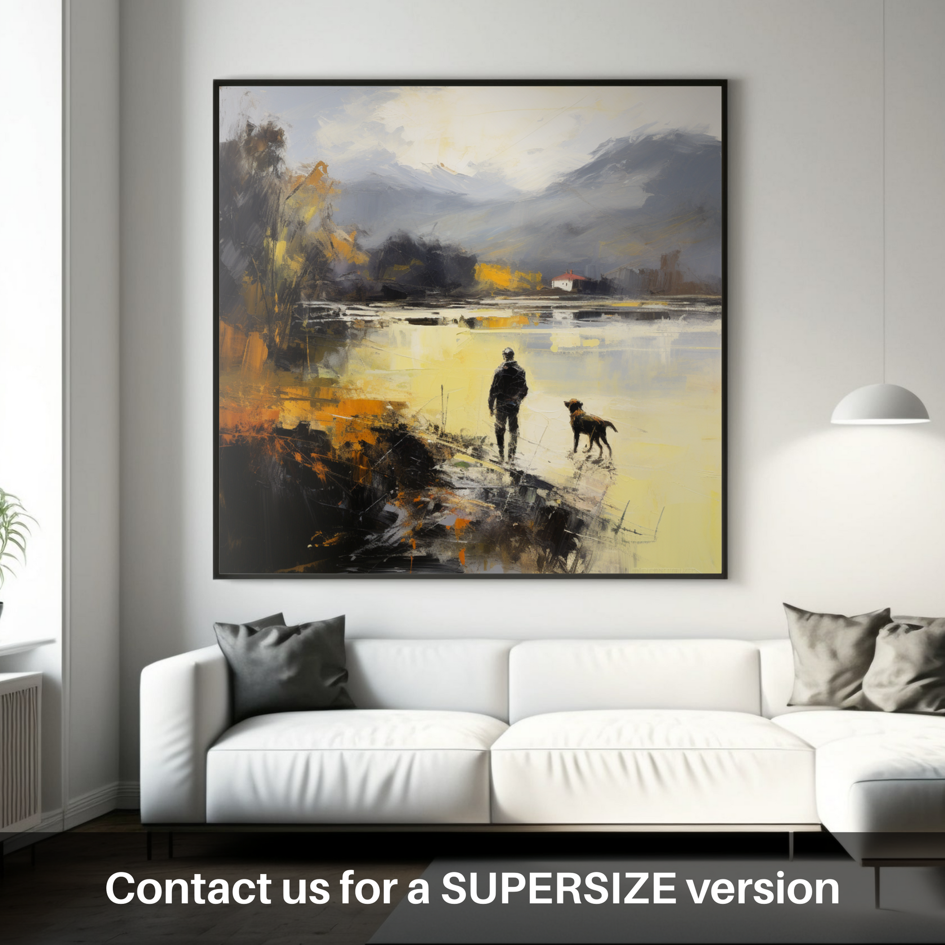 Huge supersize print of A man walking dog at the side of Loch Lomond