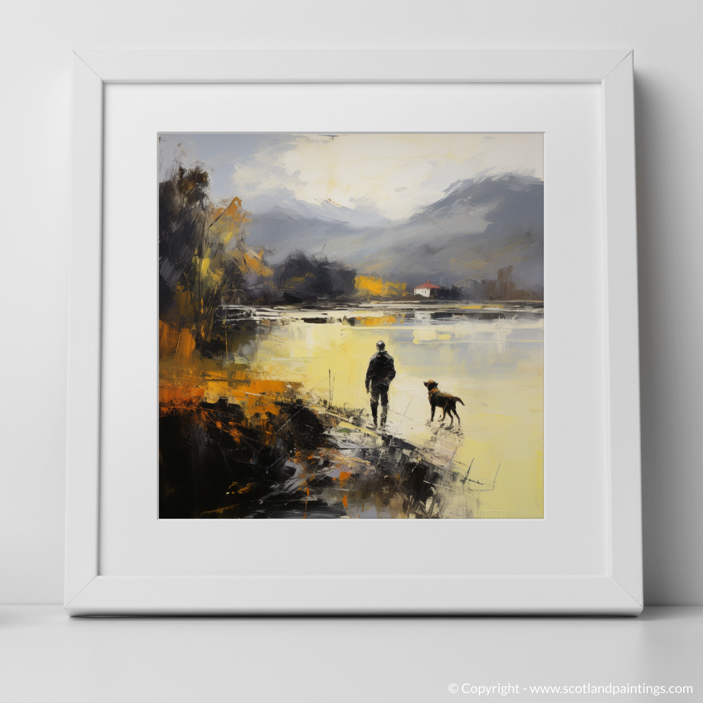 Art Print of A man walking dog at the side of Loch Lomond with a white frame