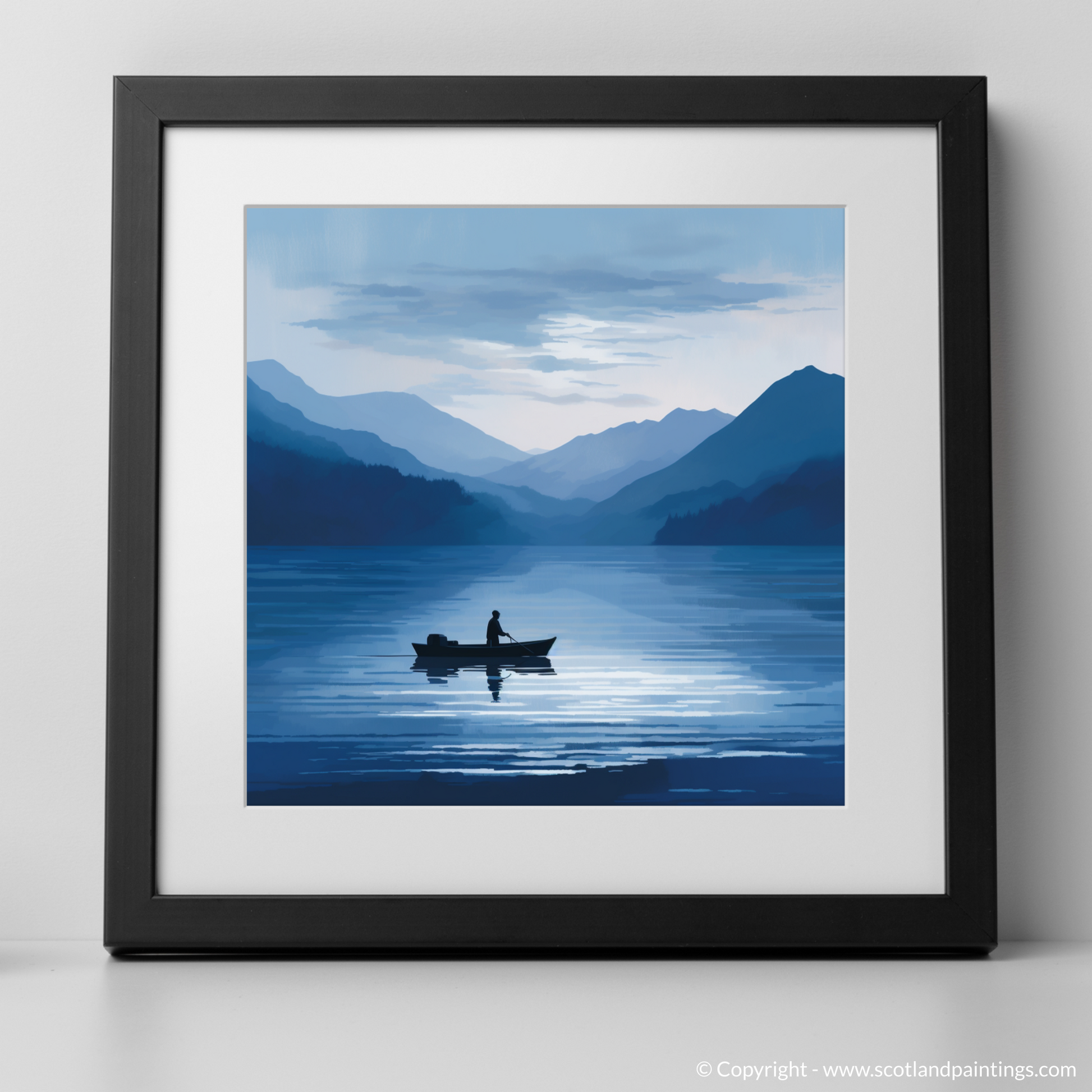 Art Print of Silhouetted fisherman on Loch Lomond with a black frame