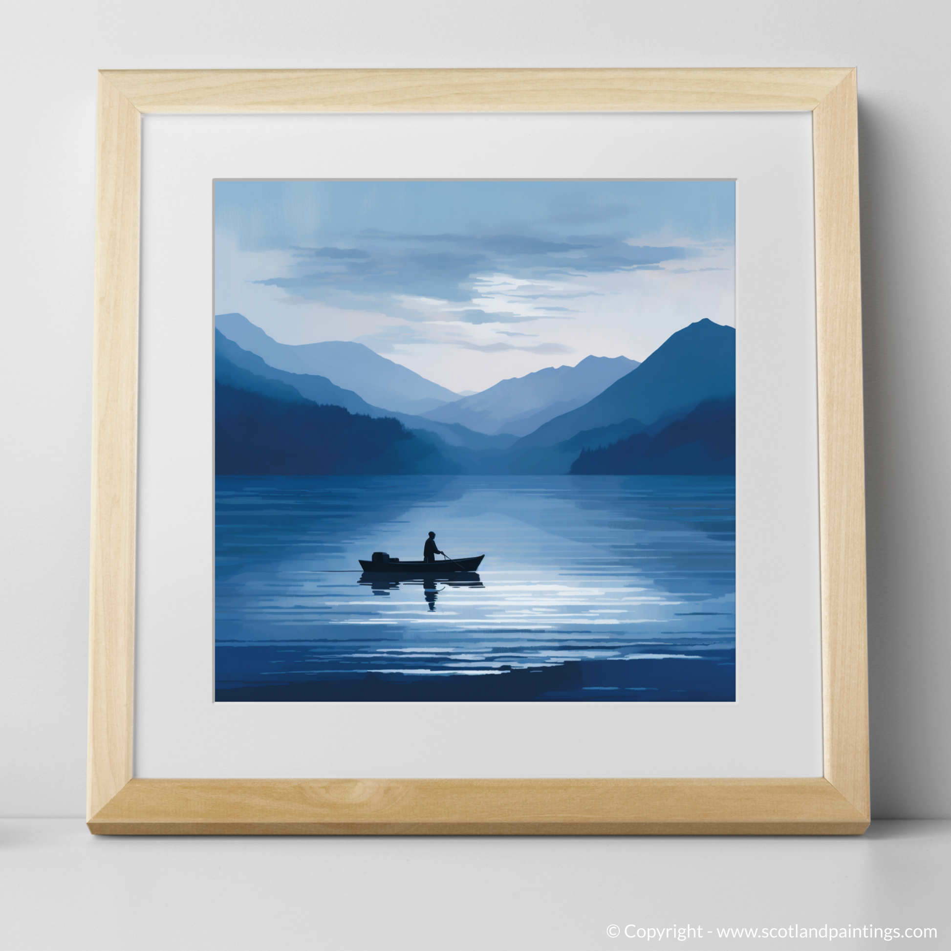 Art Print of Silhouetted fisherman on Loch Lomond with a natural frame