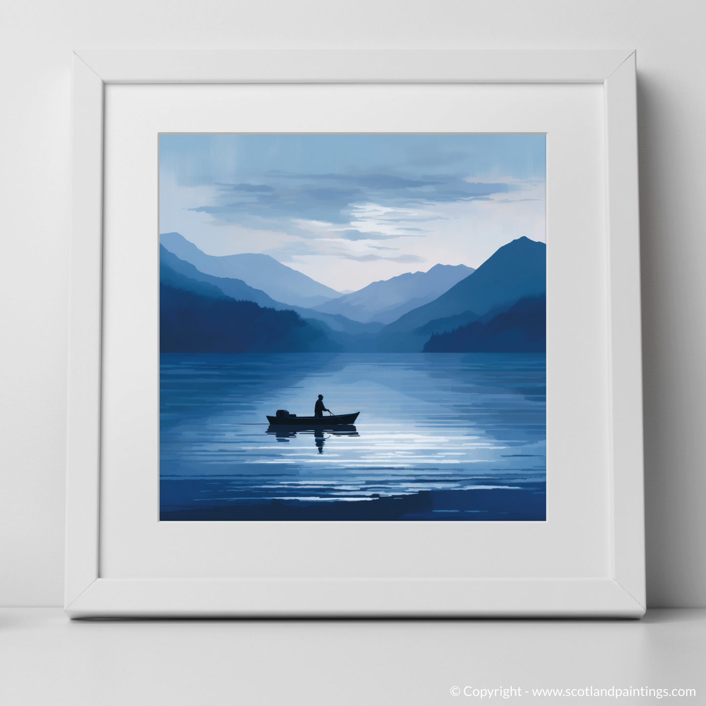 Art Print of Silhouetted fisherman on Loch Lomond with a white frame