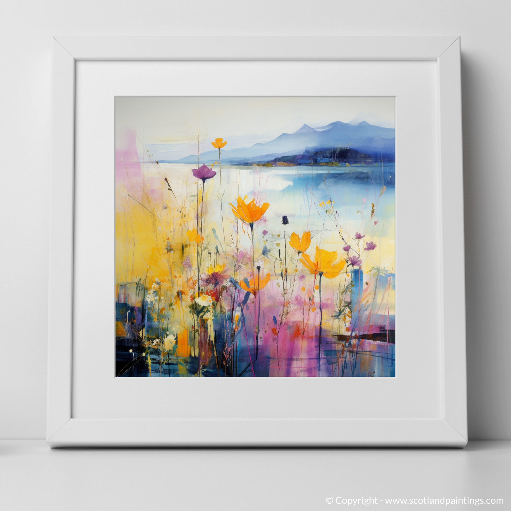 Art Print of Wildflowers by Loch Lomond with a white frame