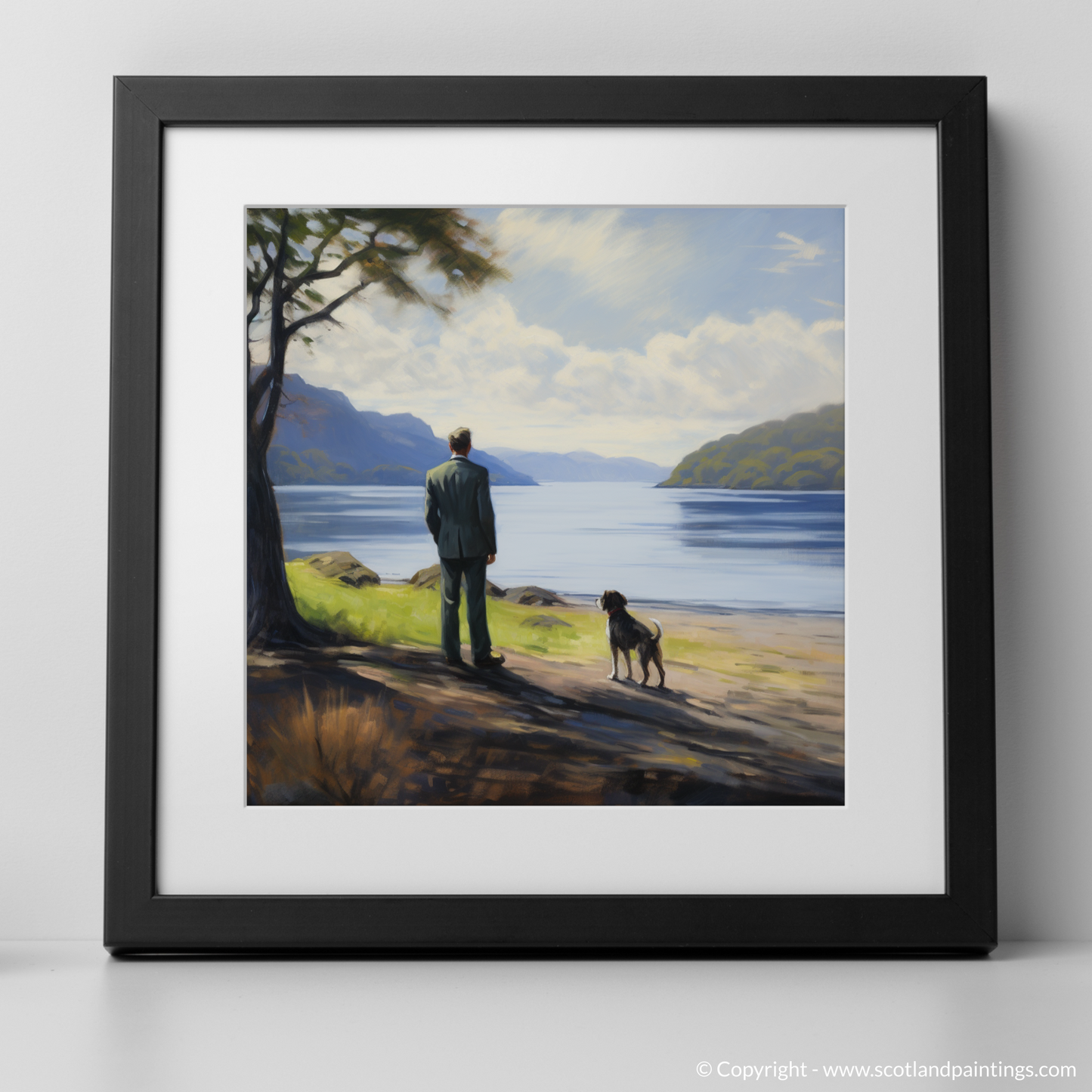 Art Print of A man walking dog at the side of Loch Lomond with a black frame