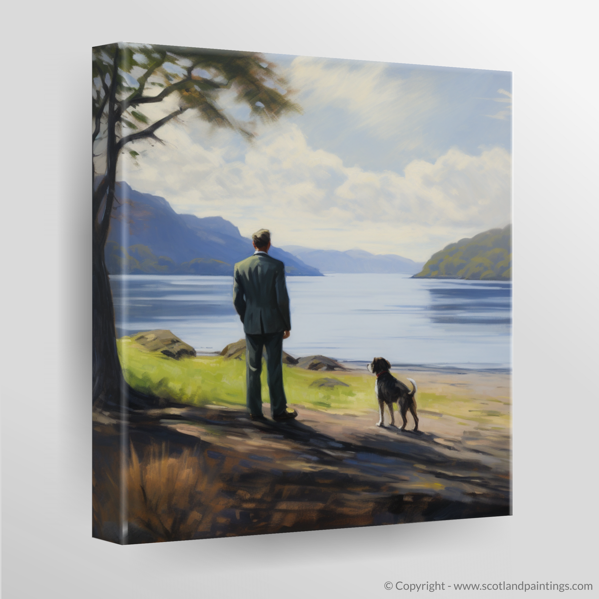 Canvas Print of A man walking dog at the side of Loch Lomond