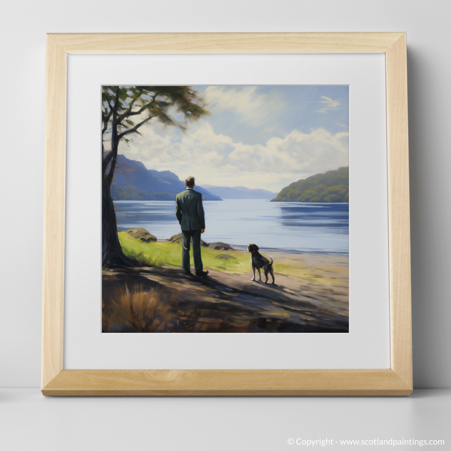 Art Print of A man walking dog at the side of Loch Lomond with a natural frame