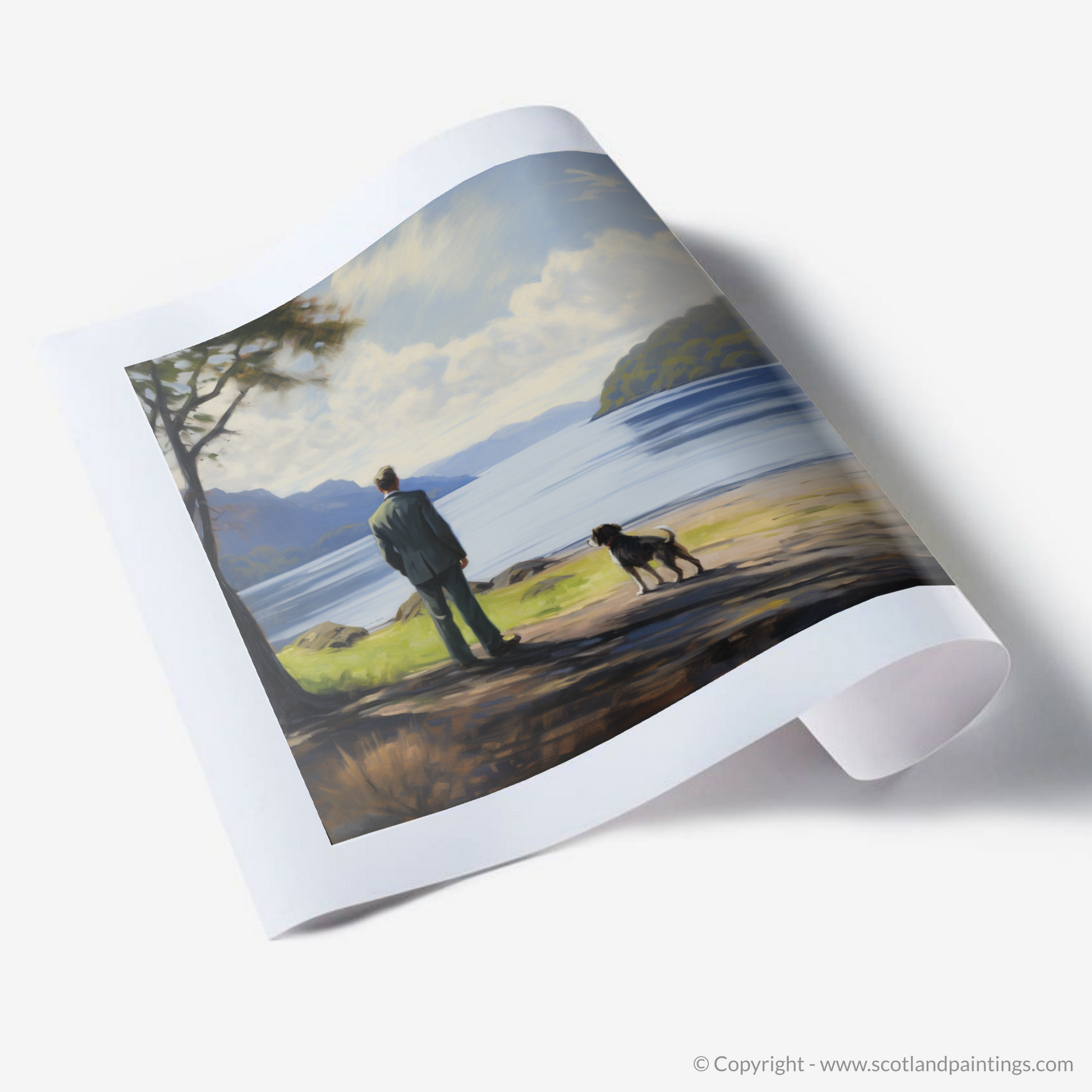 Art Print of A man walking dog at the side of Loch Lomond