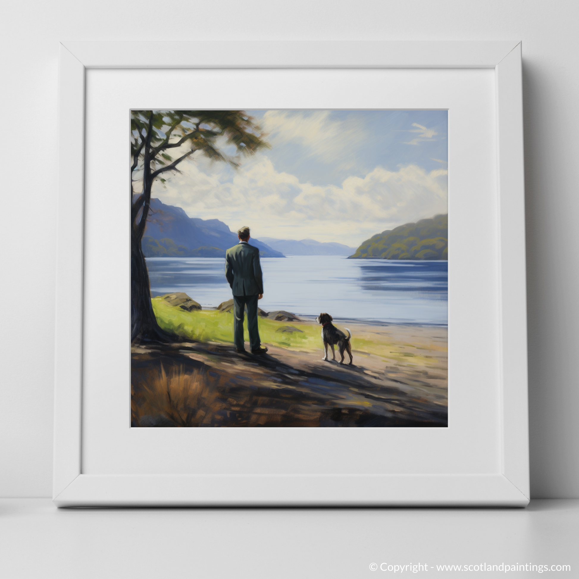 Art Print of A man walking dog at the side of Loch Lomond with a white frame