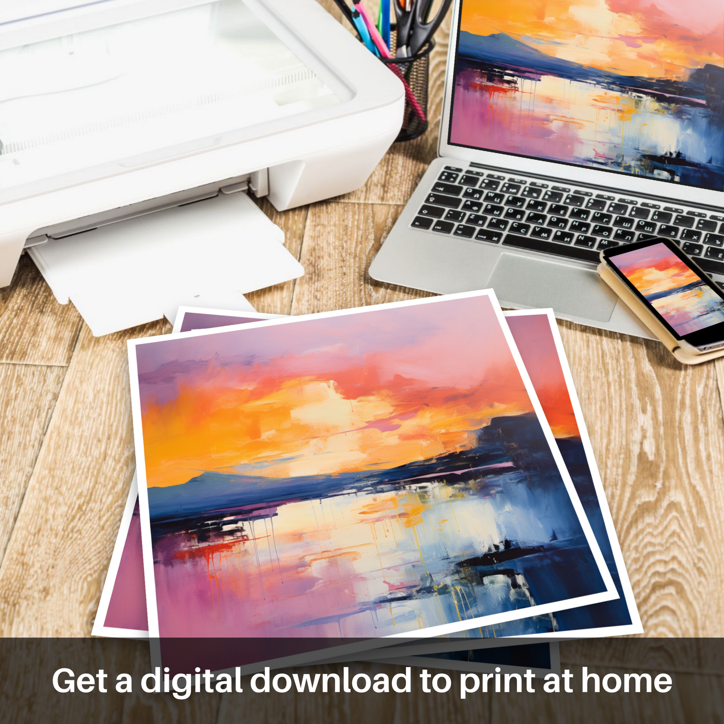 Painting and Art Print of Sunset over Loch Lomond. Sunset Serenade over Loch Lomond.