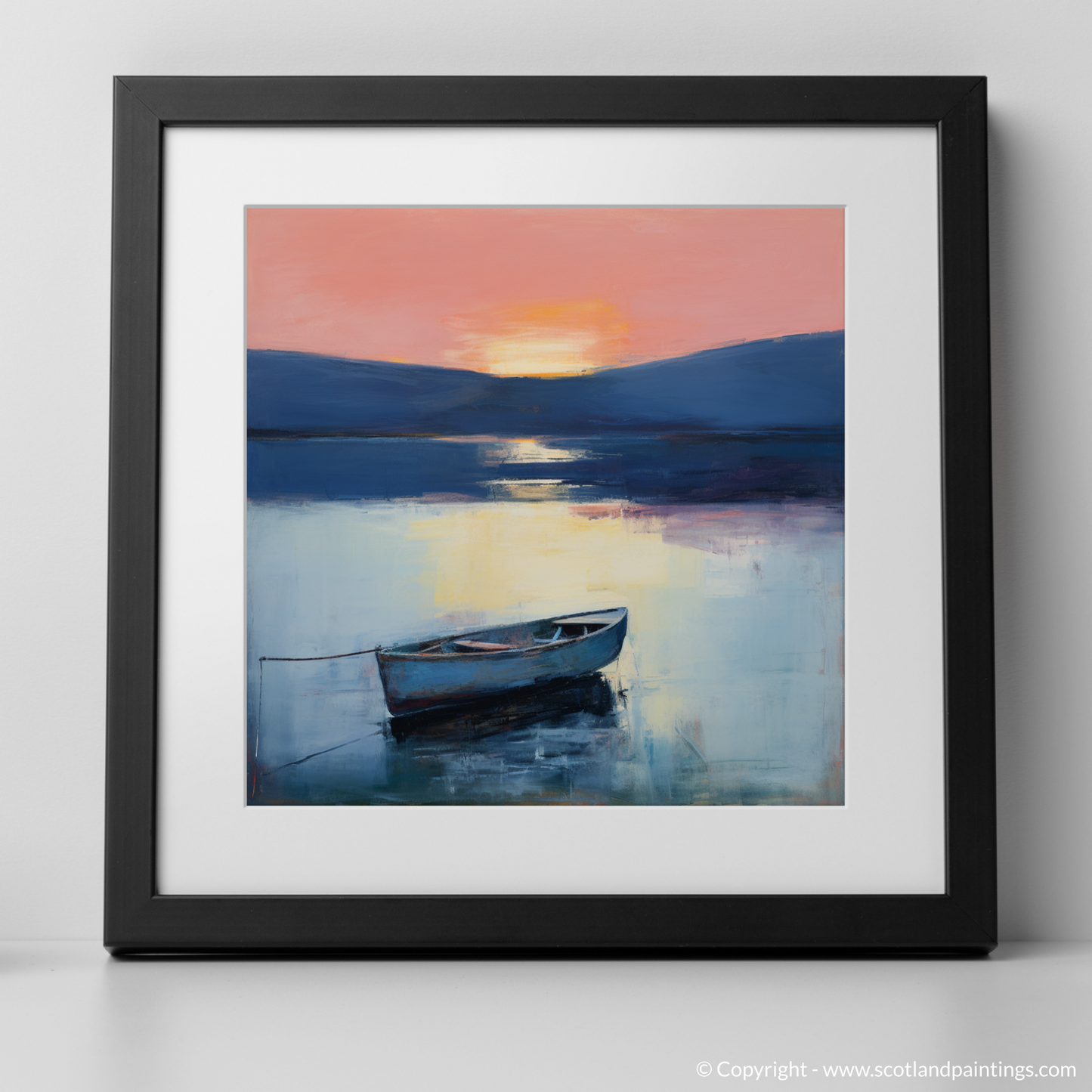 Art Print of Lone rowboat on Loch Lomond at dusk with a black frame