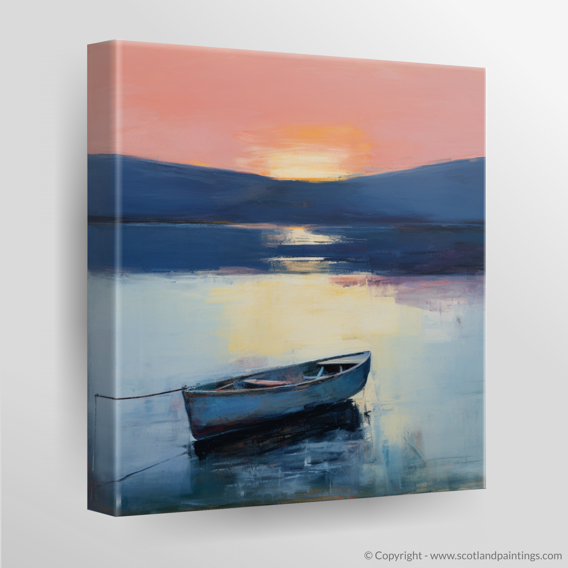 Canvas Print of Lone rowboat on Loch Lomond at dusk