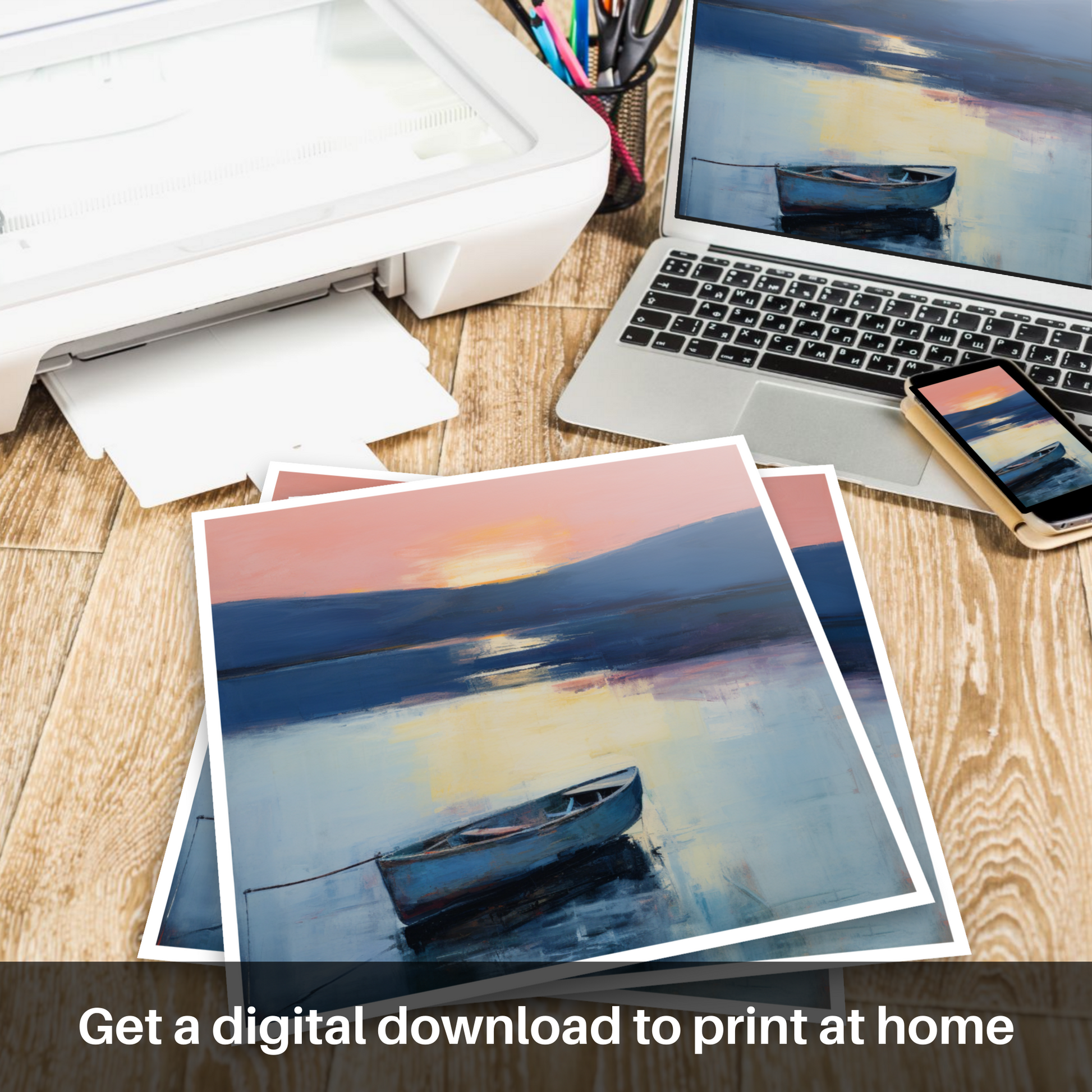 Downloadable and printable picture of Lone rowboat on Loch Lomond at dusk