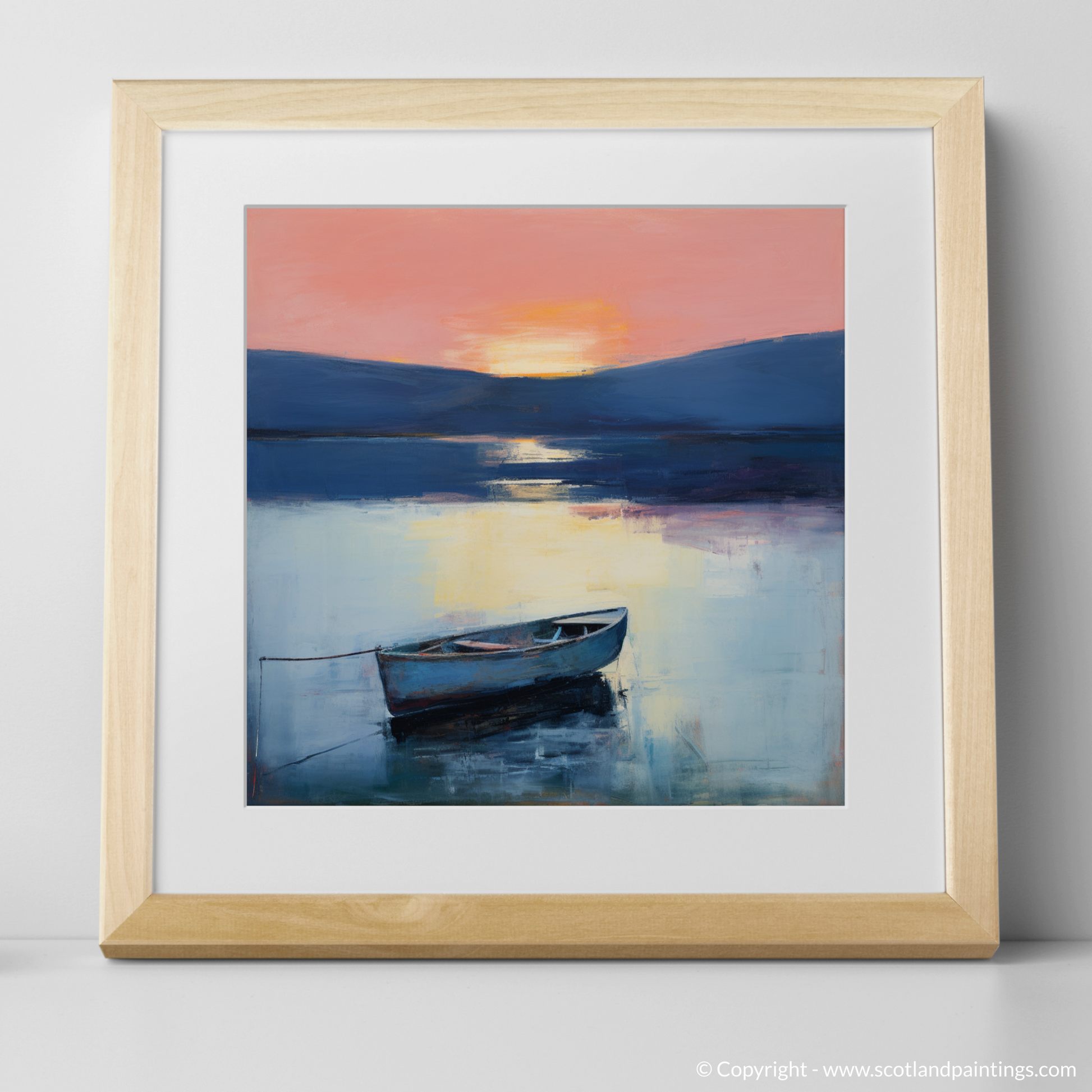Art Print of Lone rowboat on Loch Lomond at dusk with a natural frame