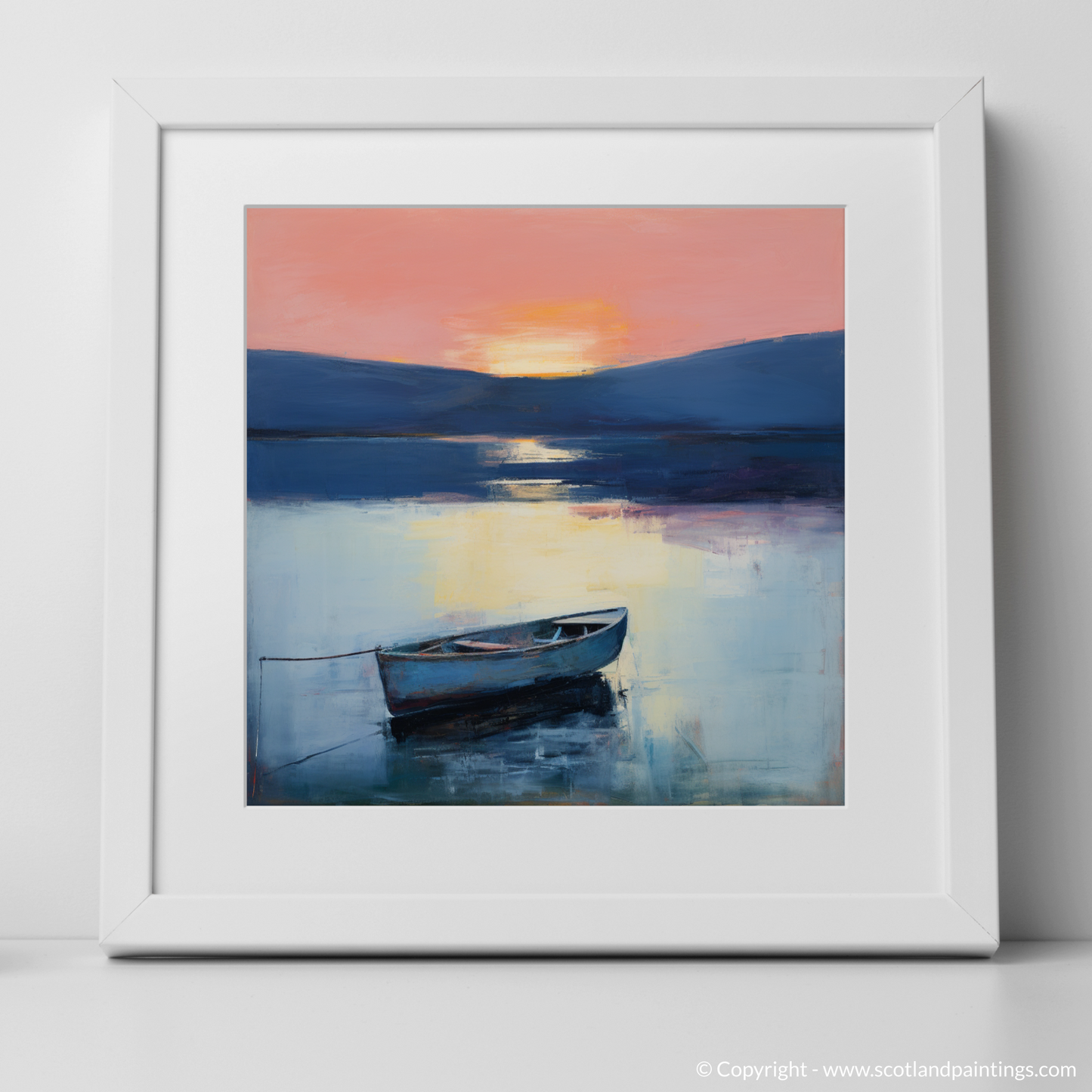 Art Print of Lone rowboat on Loch Lomond at dusk with a white frame