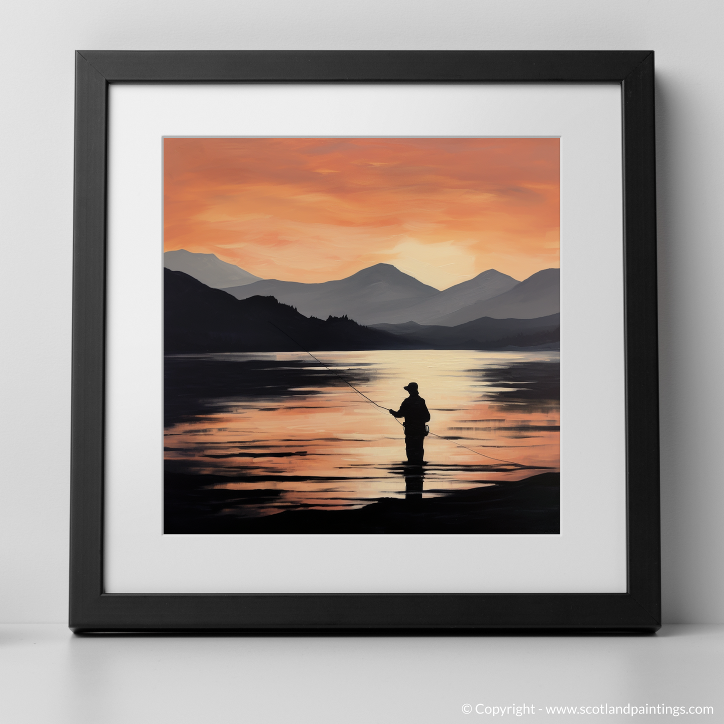 Art Print of Silhouetted fisherman on Loch Lomond with a black frame