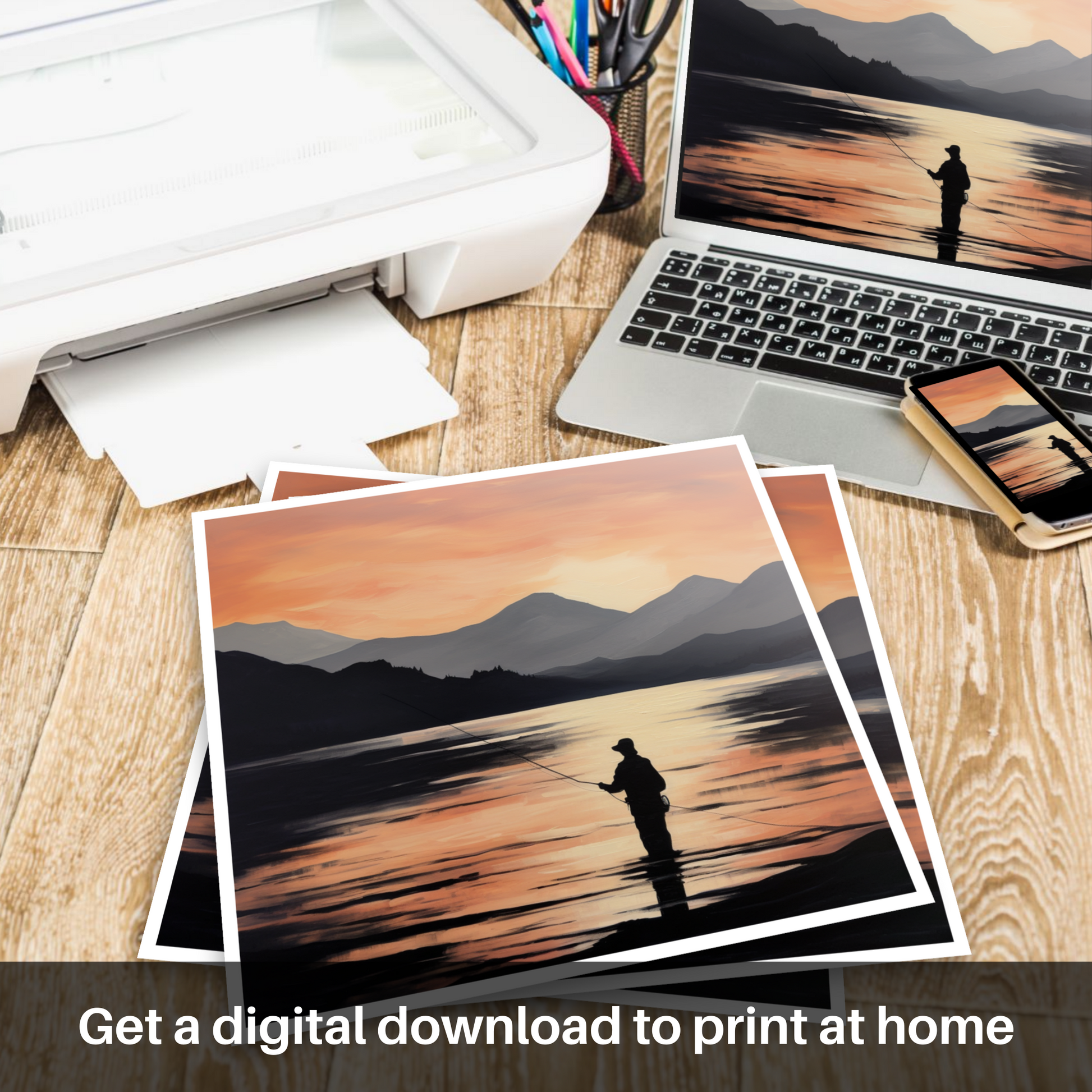 Downloadable and printable picture of Silhouetted fisherman on Loch Lomond