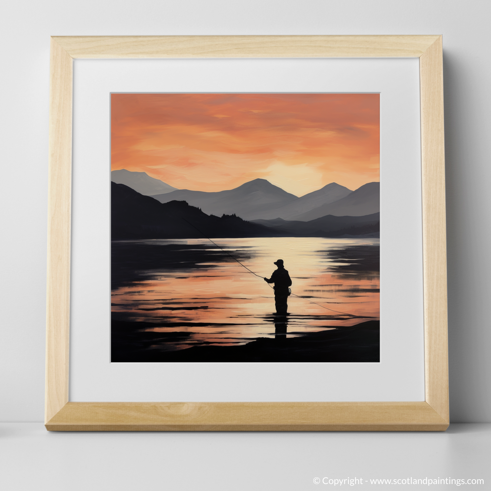 Art Print of Silhouetted fisherman on Loch Lomond with a natural frame