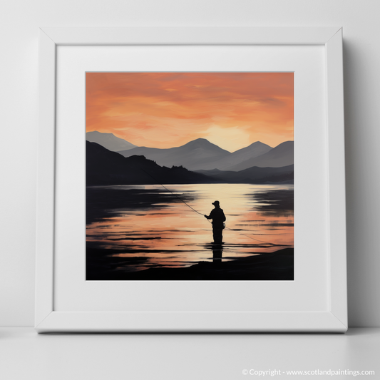 Art Print of Silhouetted fisherman on Loch Lomond with a white frame