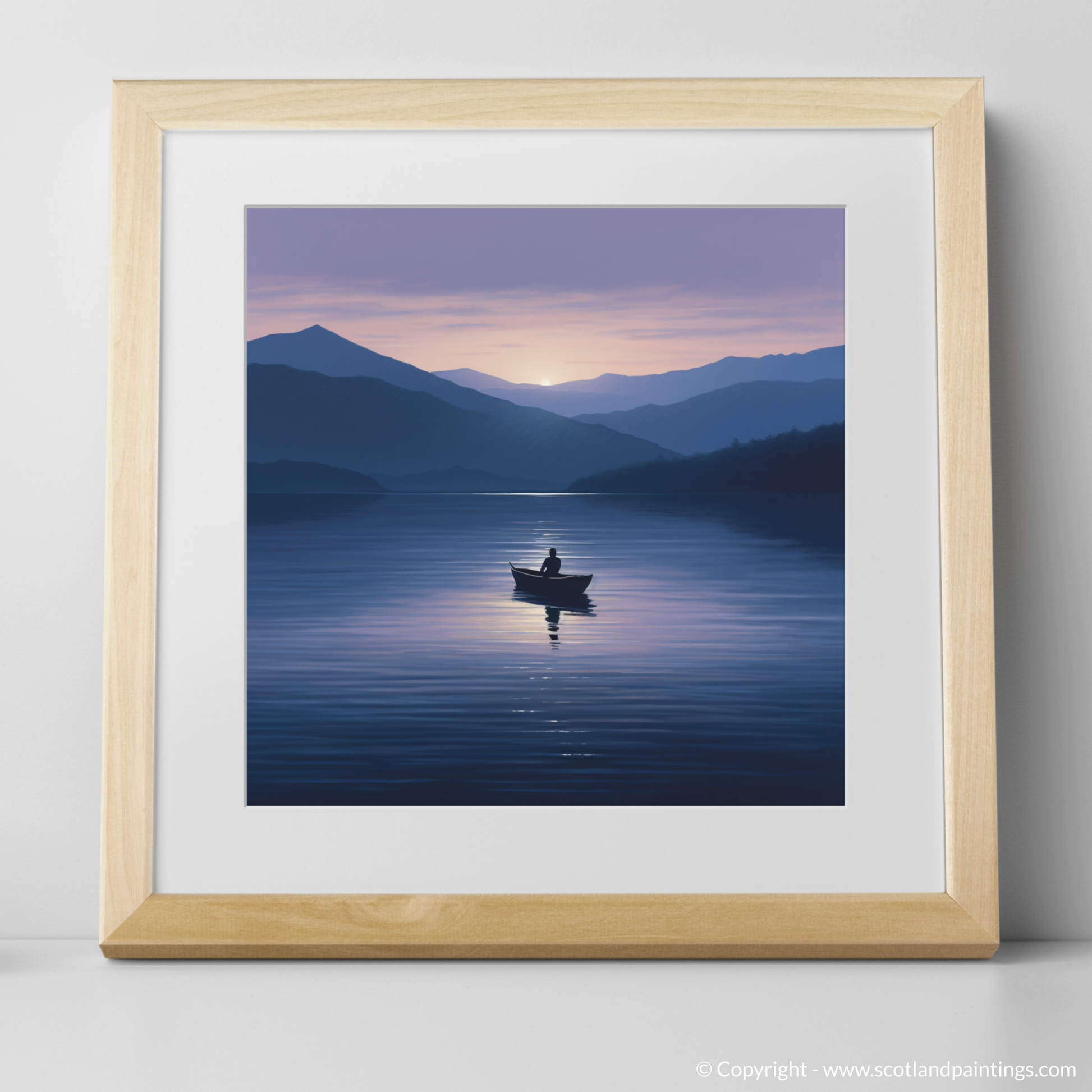 Art Print of Lone rowboat on Loch Lomond at dusk with a natural frame