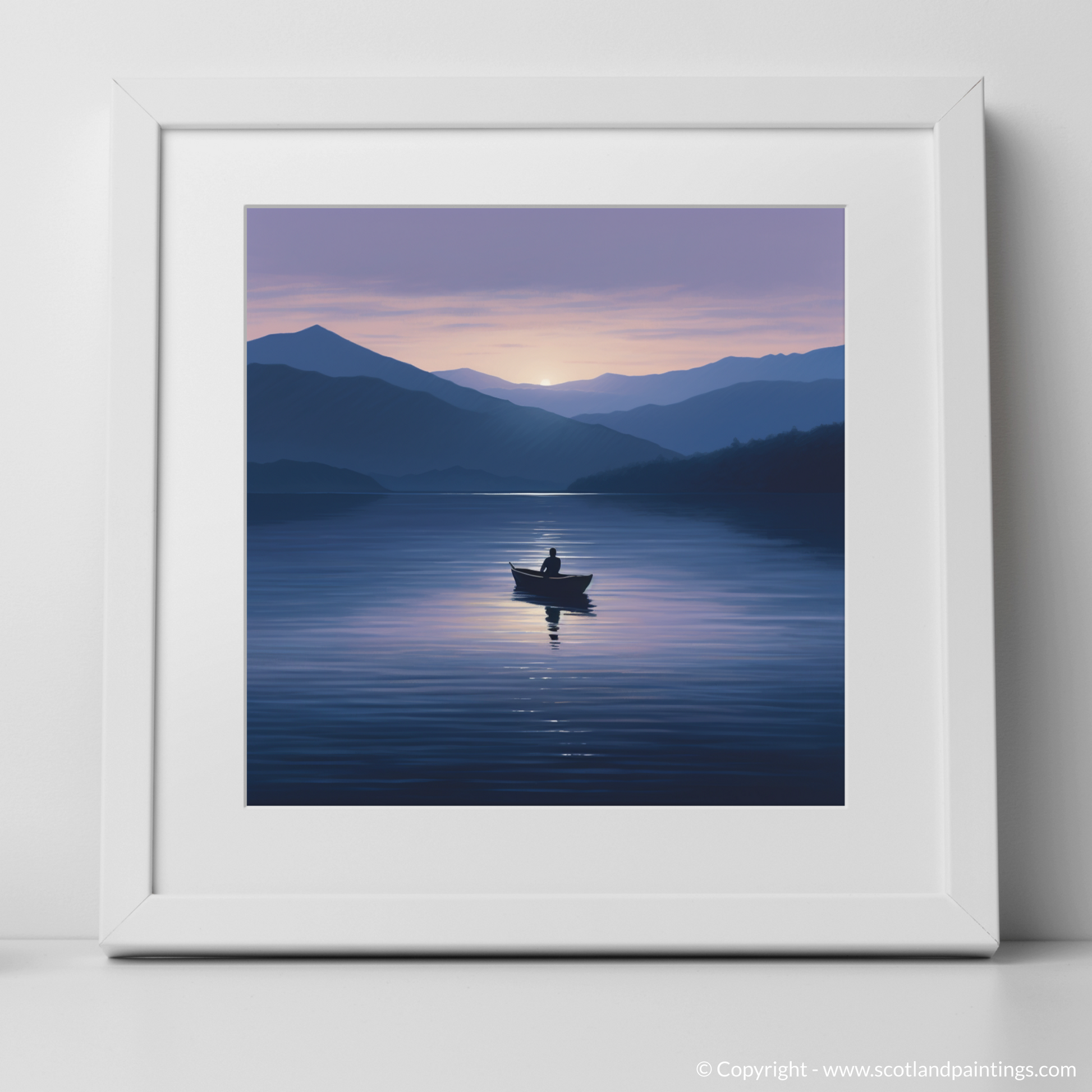 Art Print of Lone rowboat on Loch Lomond at dusk with a white frame