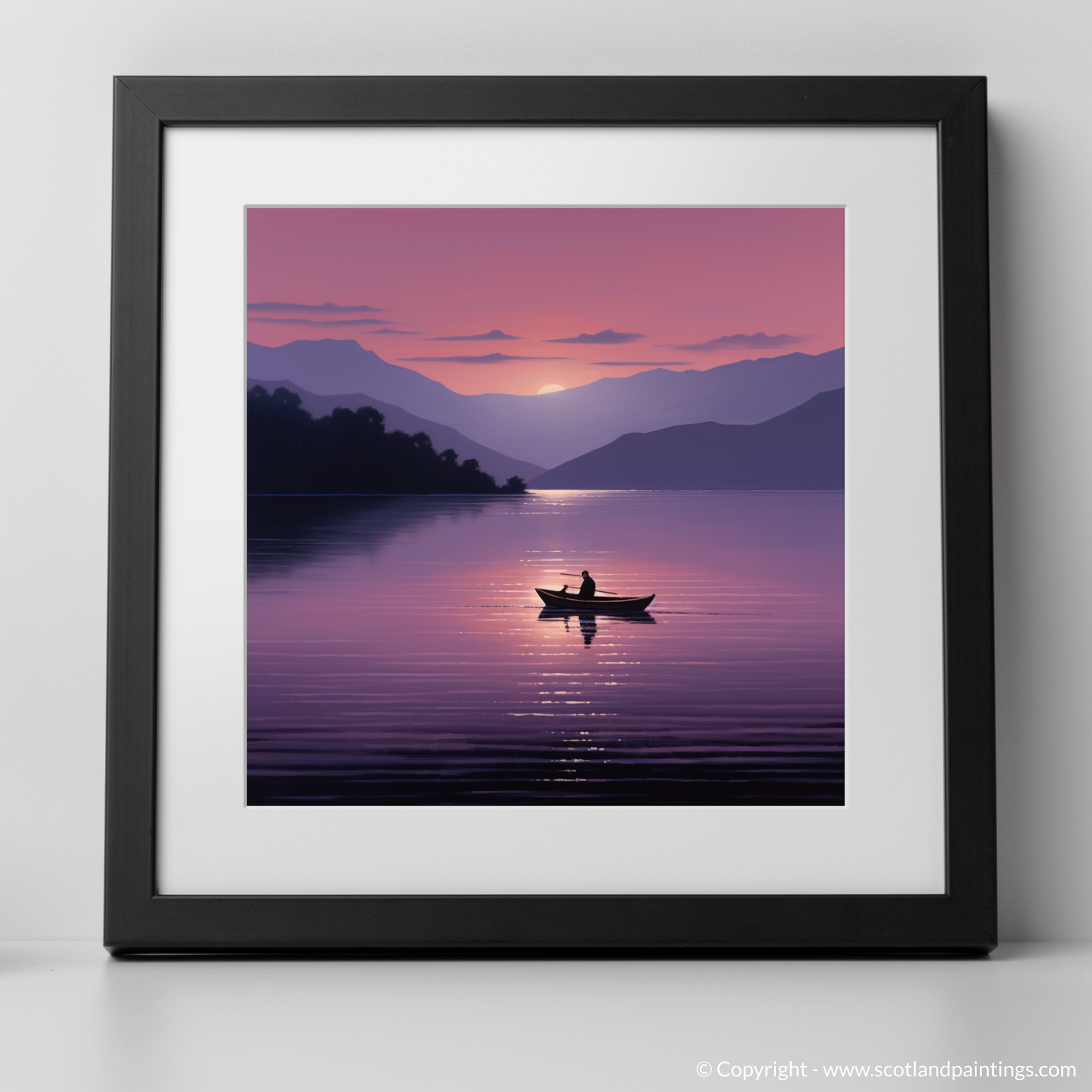 Art Print of Lone rowboat on Loch Lomond at dusk with a black frame