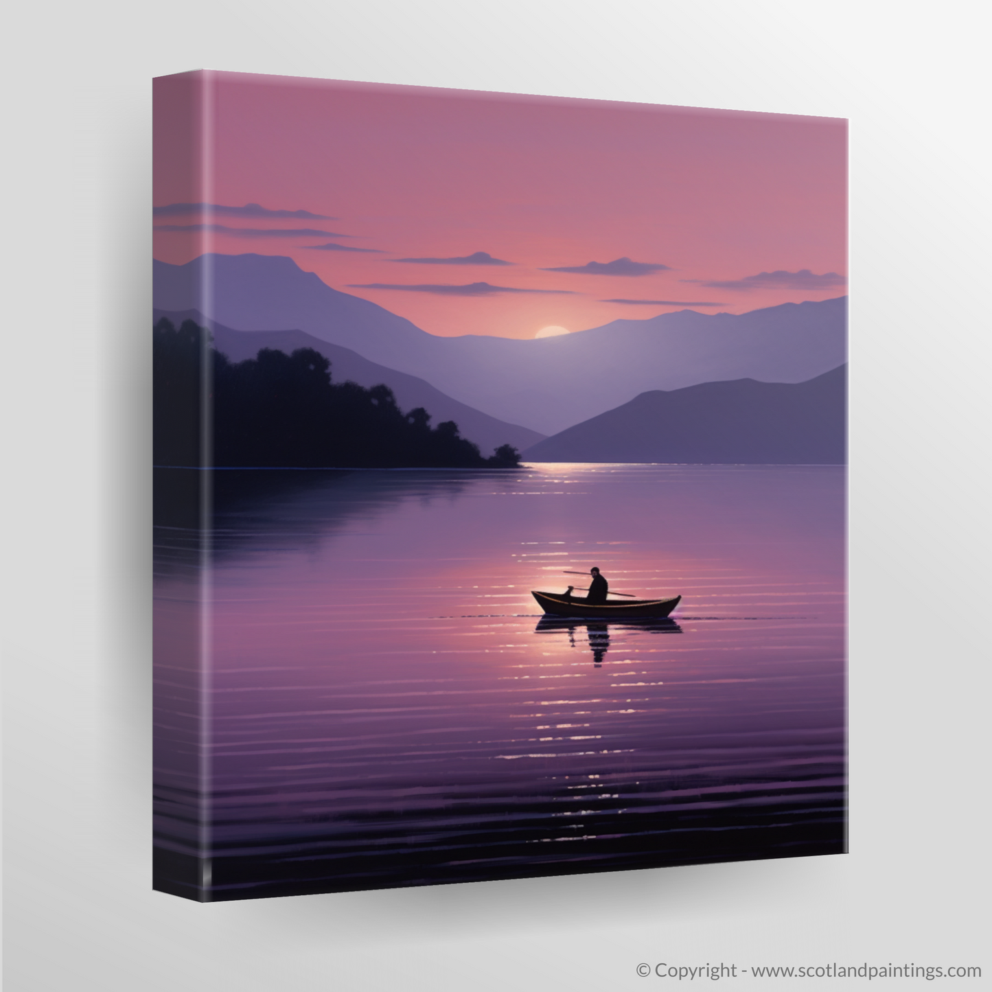 Canvas Print of Lone rowboat on Loch Lomond at dusk