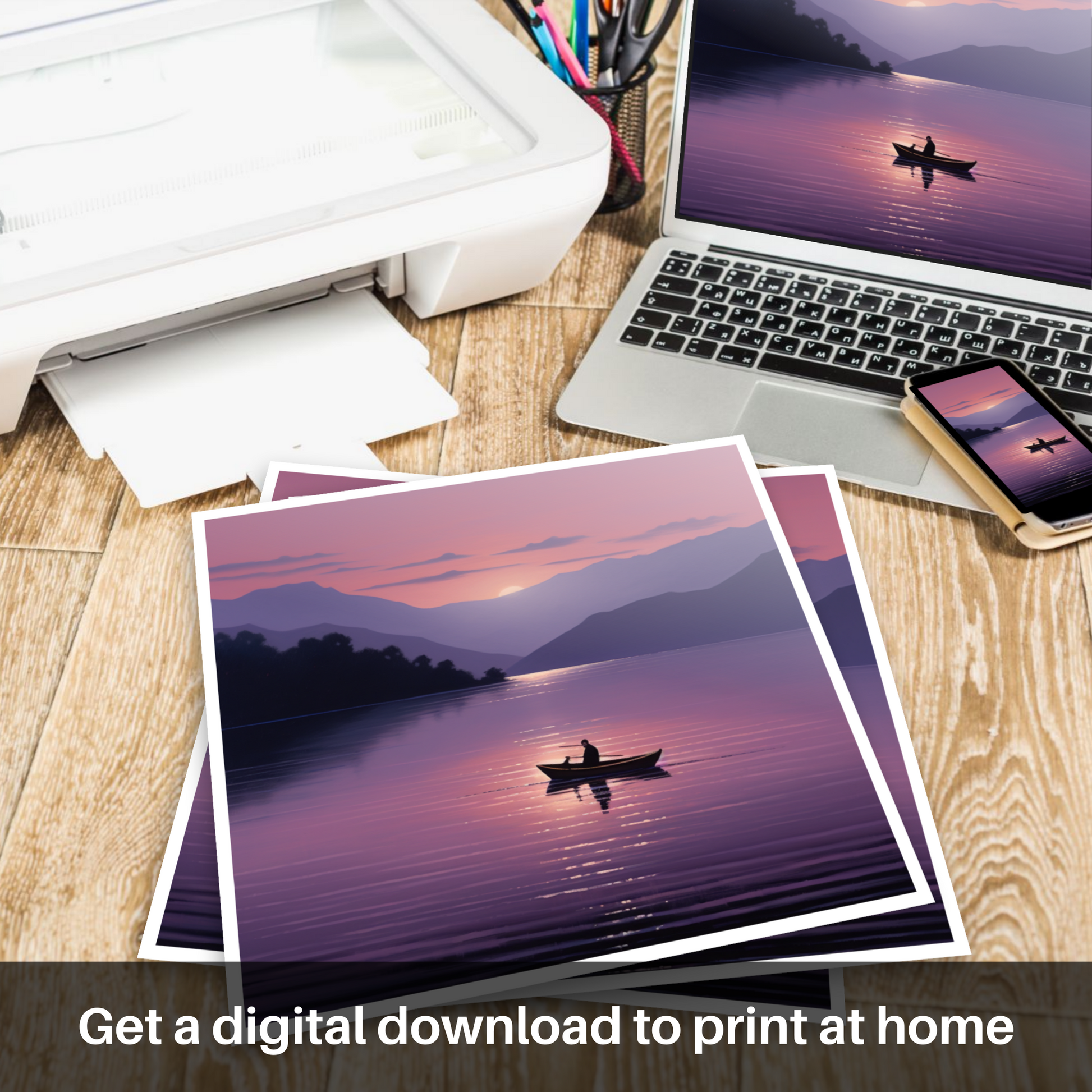 Downloadable and printable picture of Lone rowboat on Loch Lomond at dusk