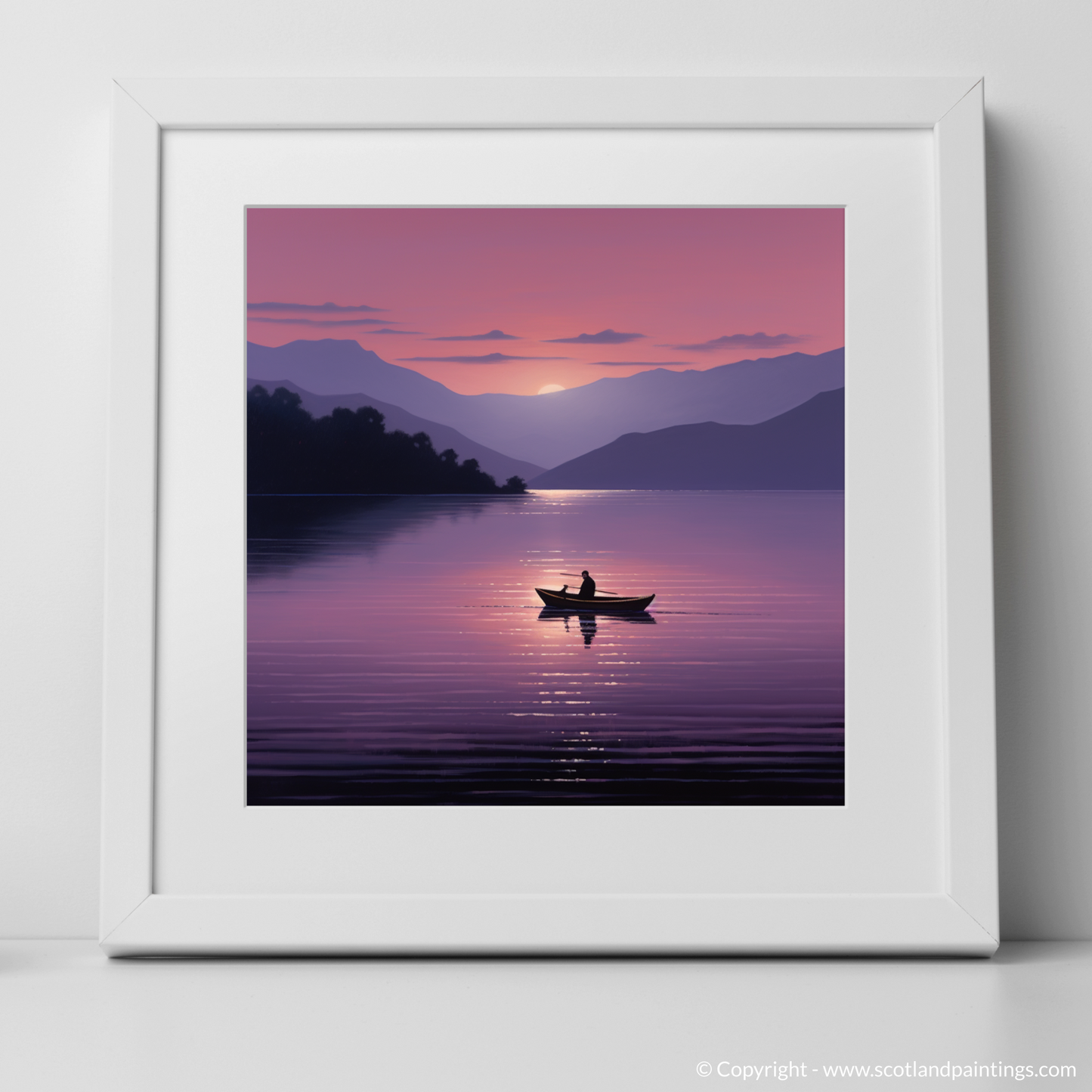 Art Print of Lone rowboat on Loch Lomond at dusk with a white frame