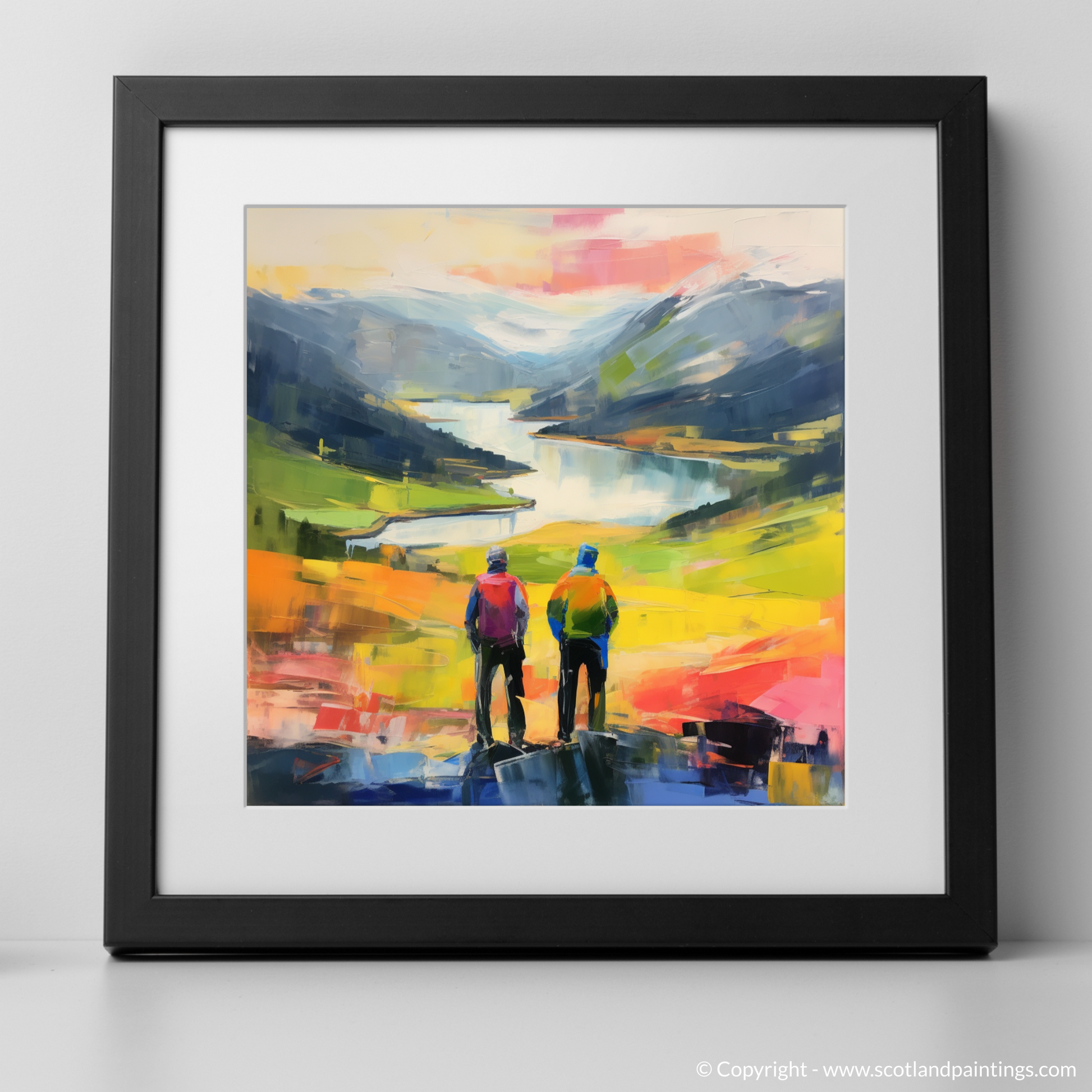 Art Print of Two hikers looking out on Loch Lomond with a black frame