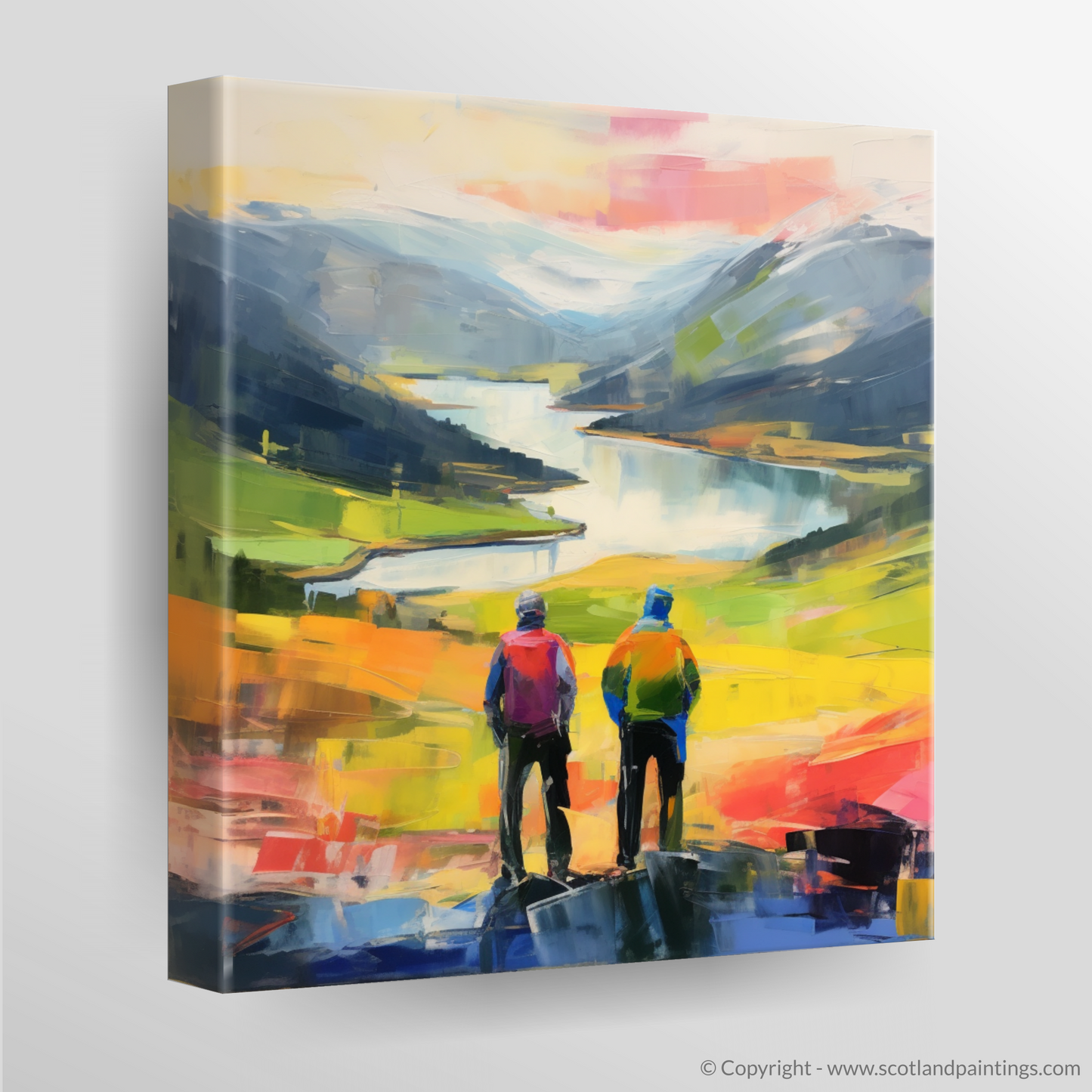 Canvas Print of Two hikers looking out on Loch Lomond