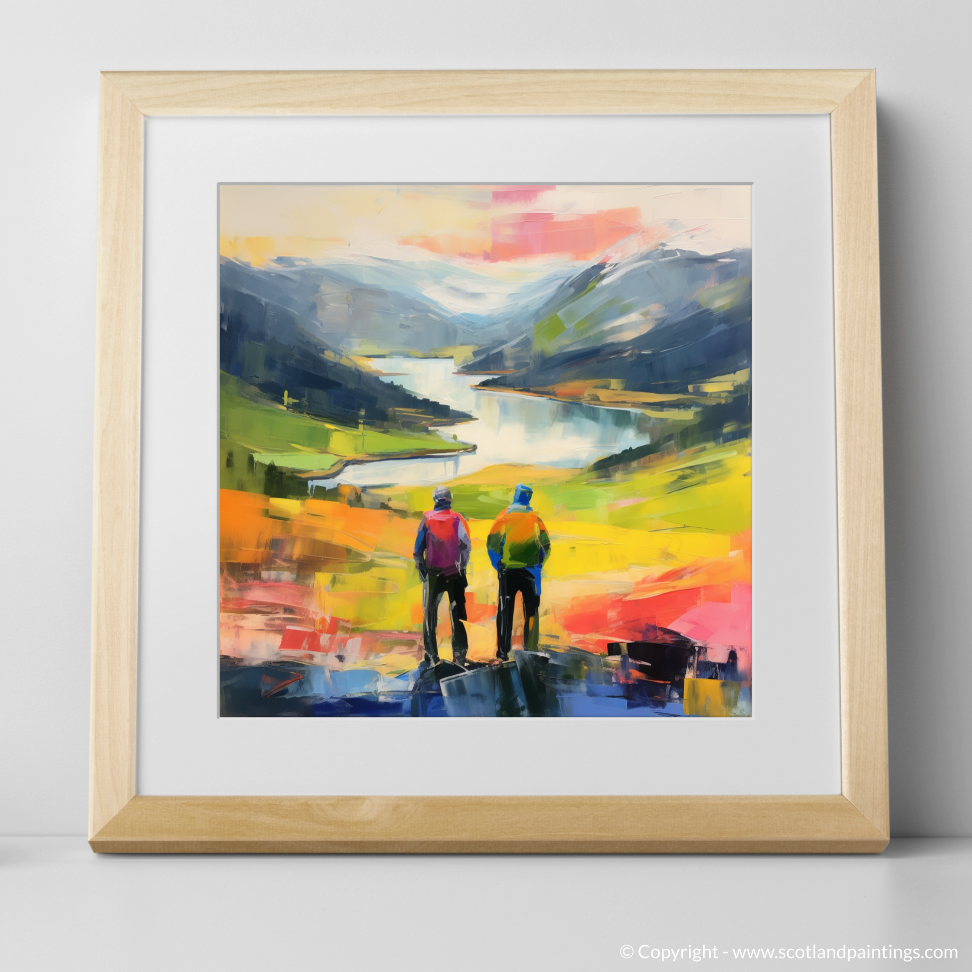 Art Print of Two hikers looking out on Loch Lomond with a natural frame