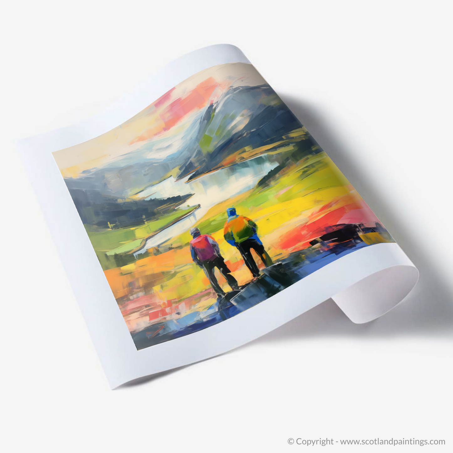 Art Print of Two hikers looking out on Loch Lomond